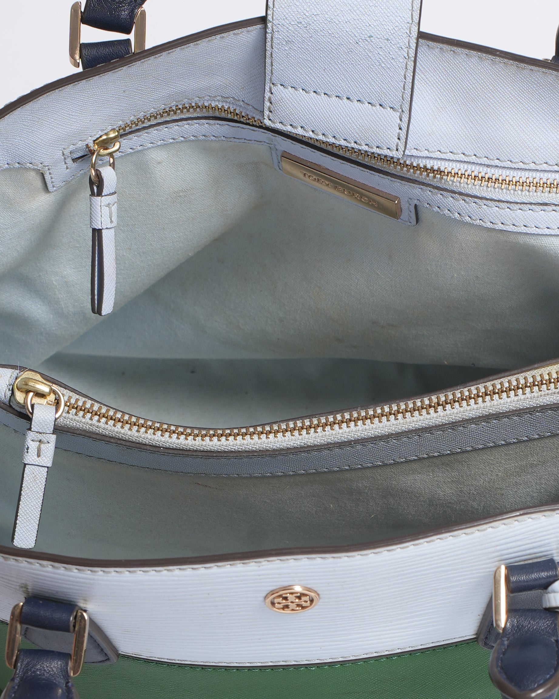 Tory burch robinson triple tote in green & white colorblock