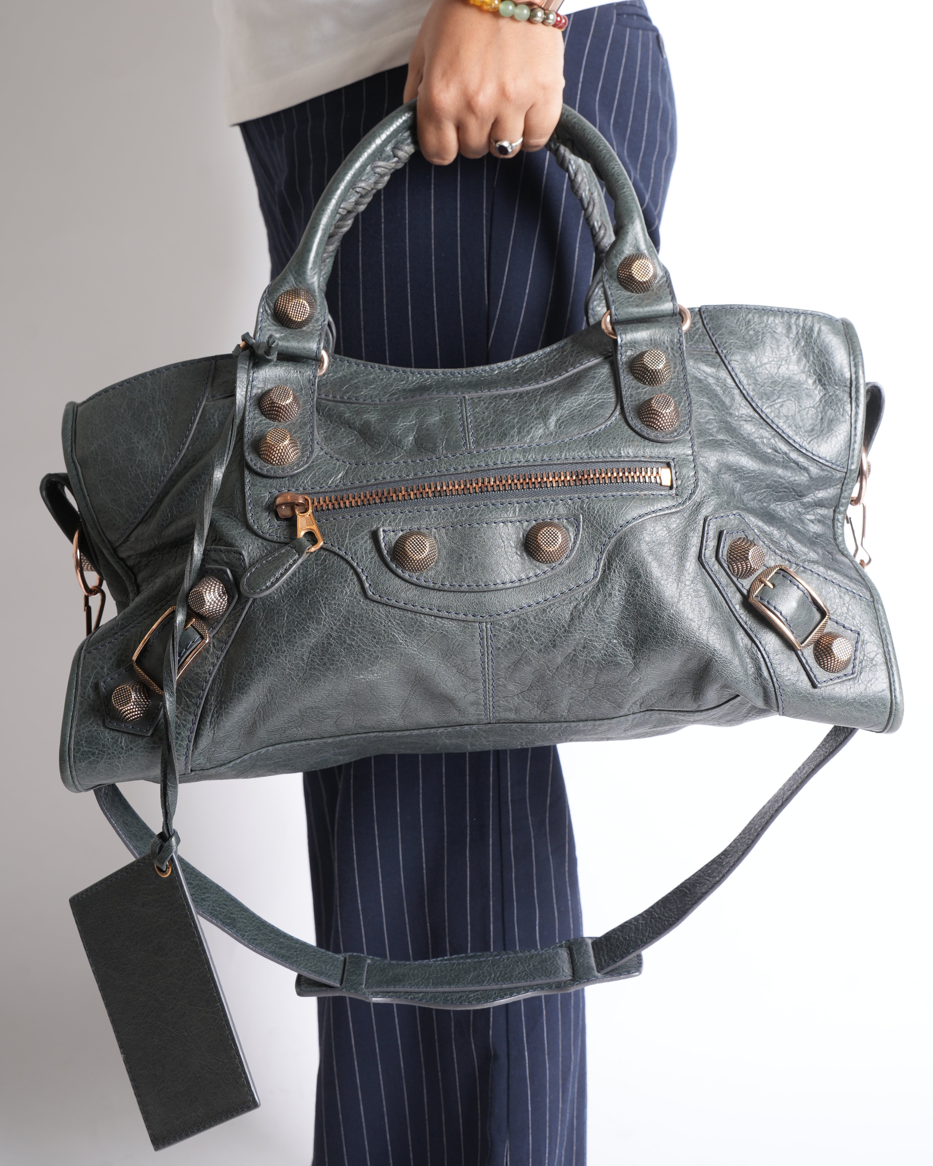 Balenciaga Dark Night Aged Leather Top Handle & Shoulder Bag