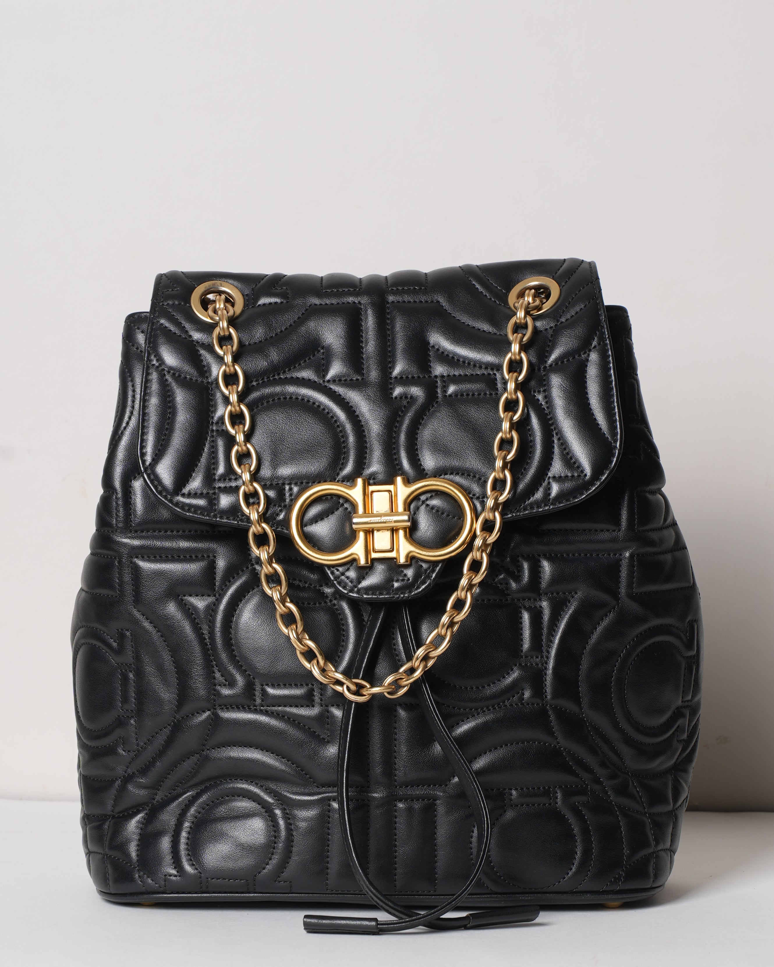 Salvatore Ferragamo Black Gancini Quilted Leather Backpack