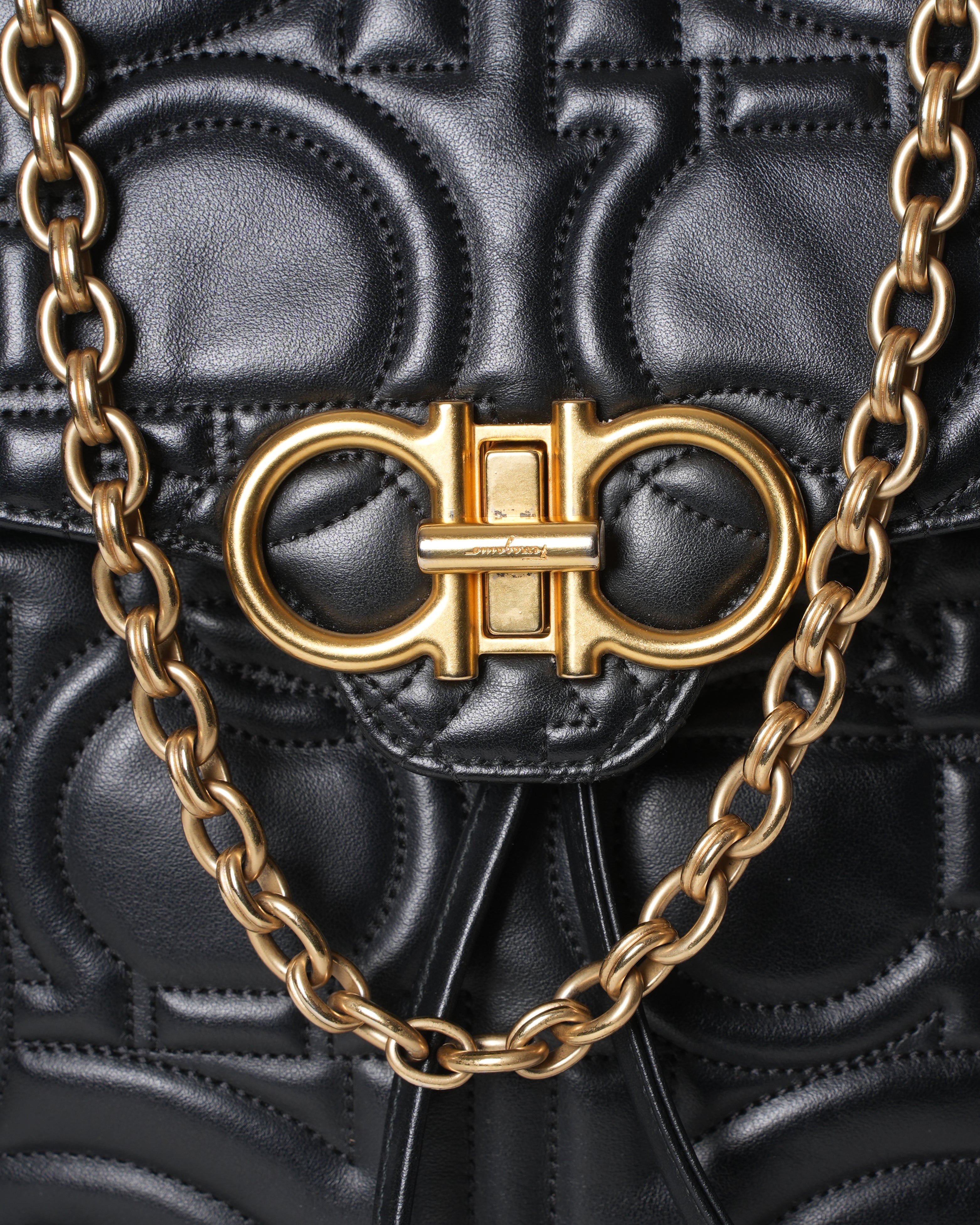 Ferragamo Black Gancini Quilted Leather Backpack