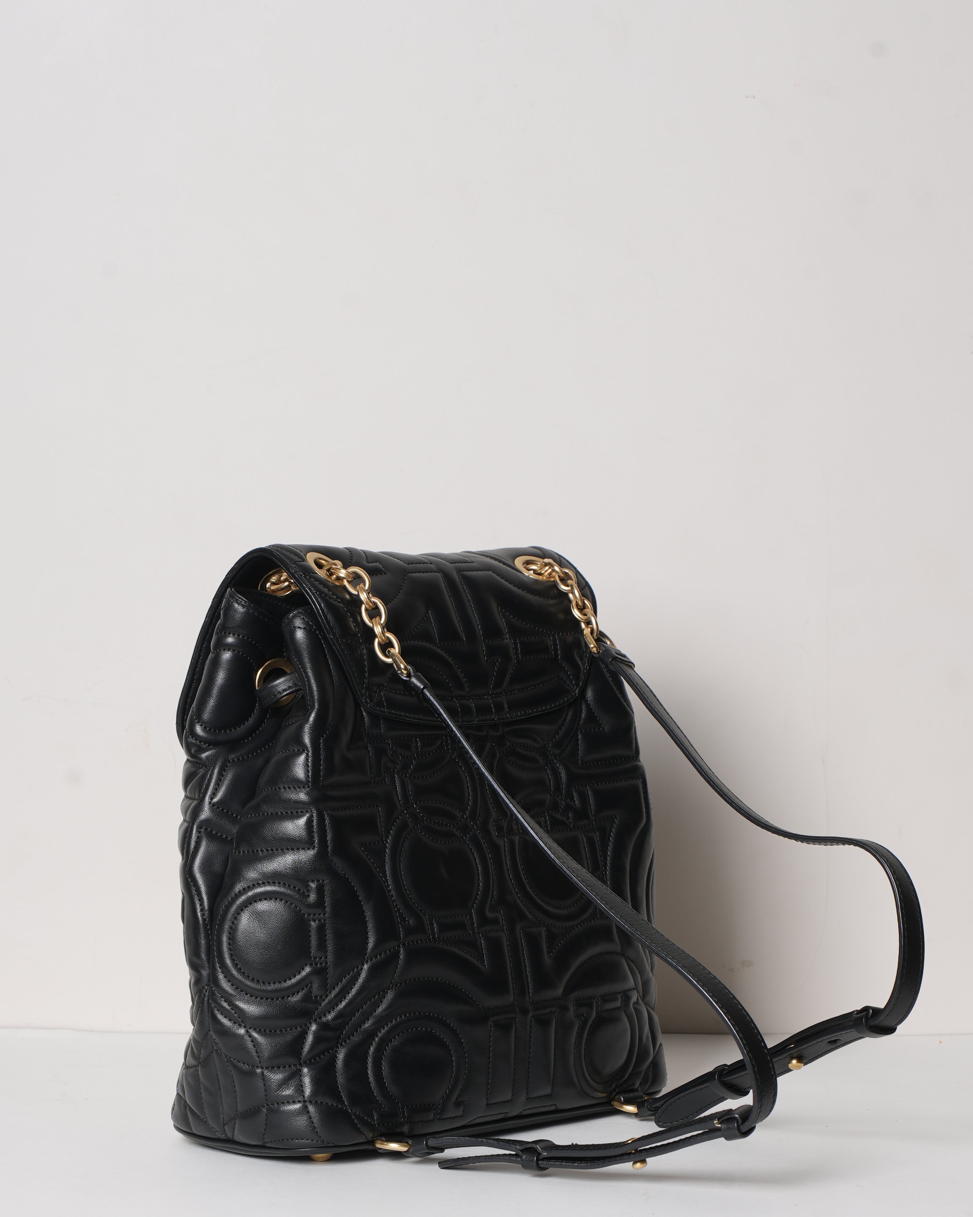 Salvatore Ferragamo Black Gancini Quilted Leather Backpack