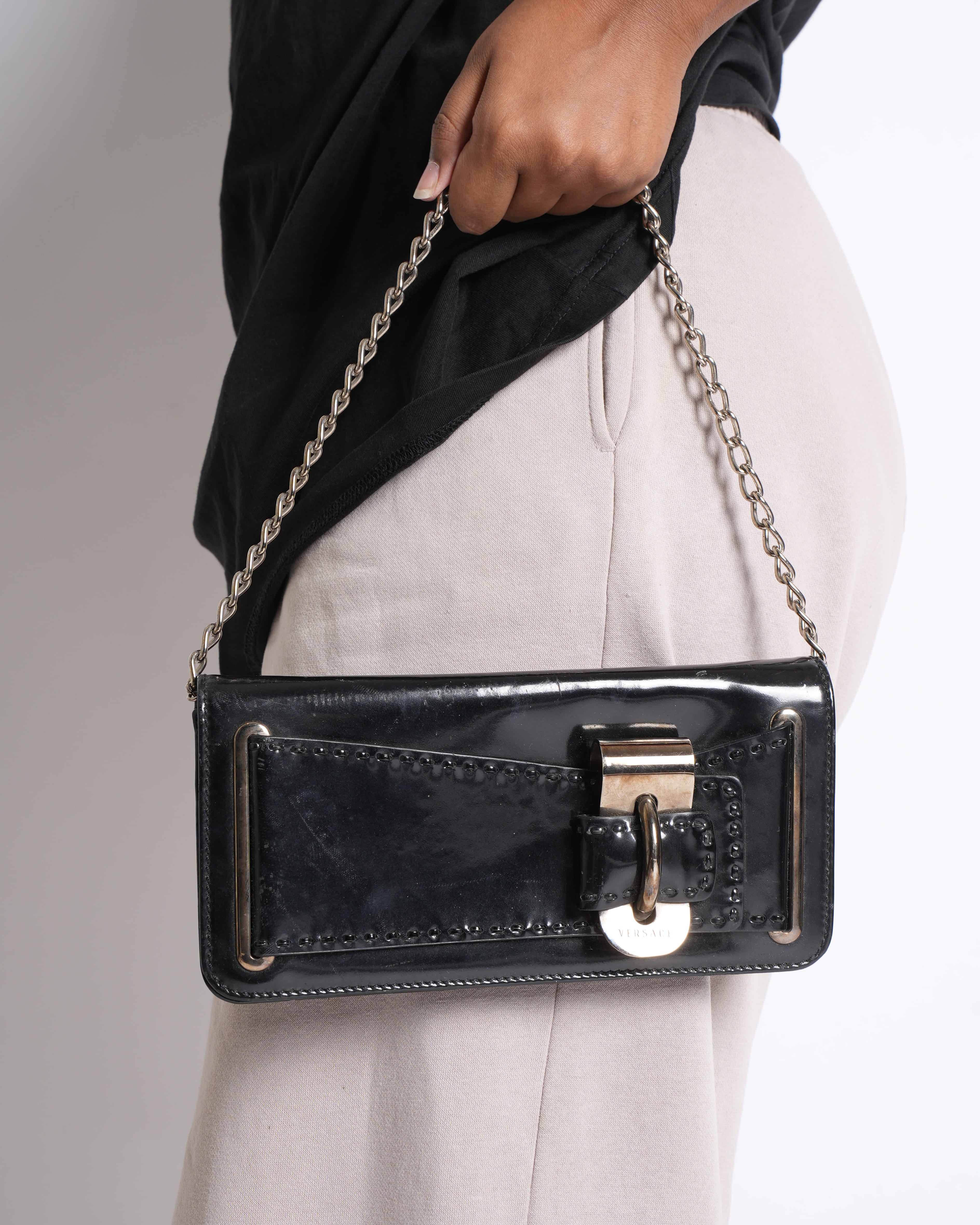 Versace Goddess Patent Leather Shoulder Bag in Black