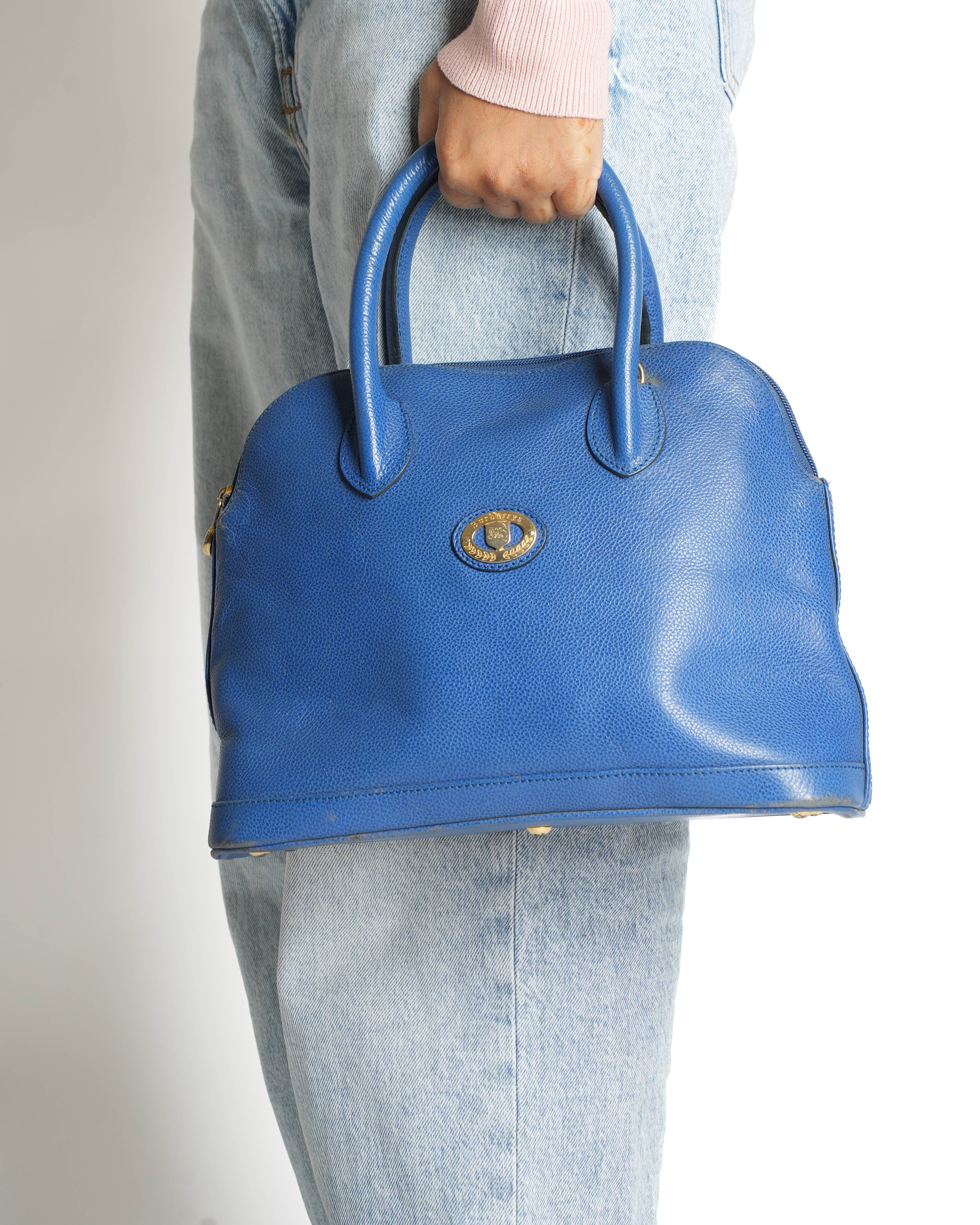 Burberry Navy Blue Pebbled Leather Domed Satchel Handbag