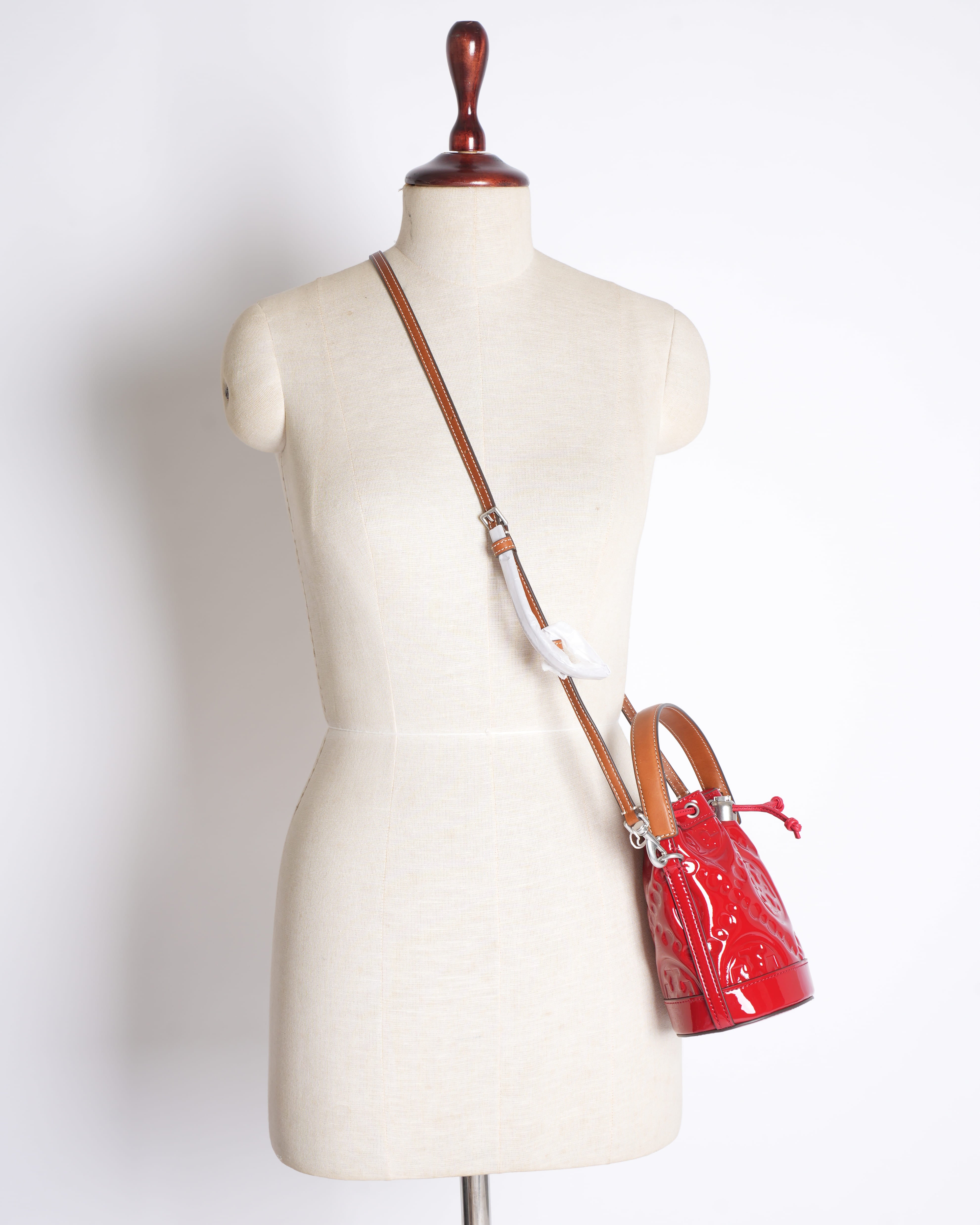 New Tory Burch Monogram Puffy Patent Leather Bucket Bag in Red