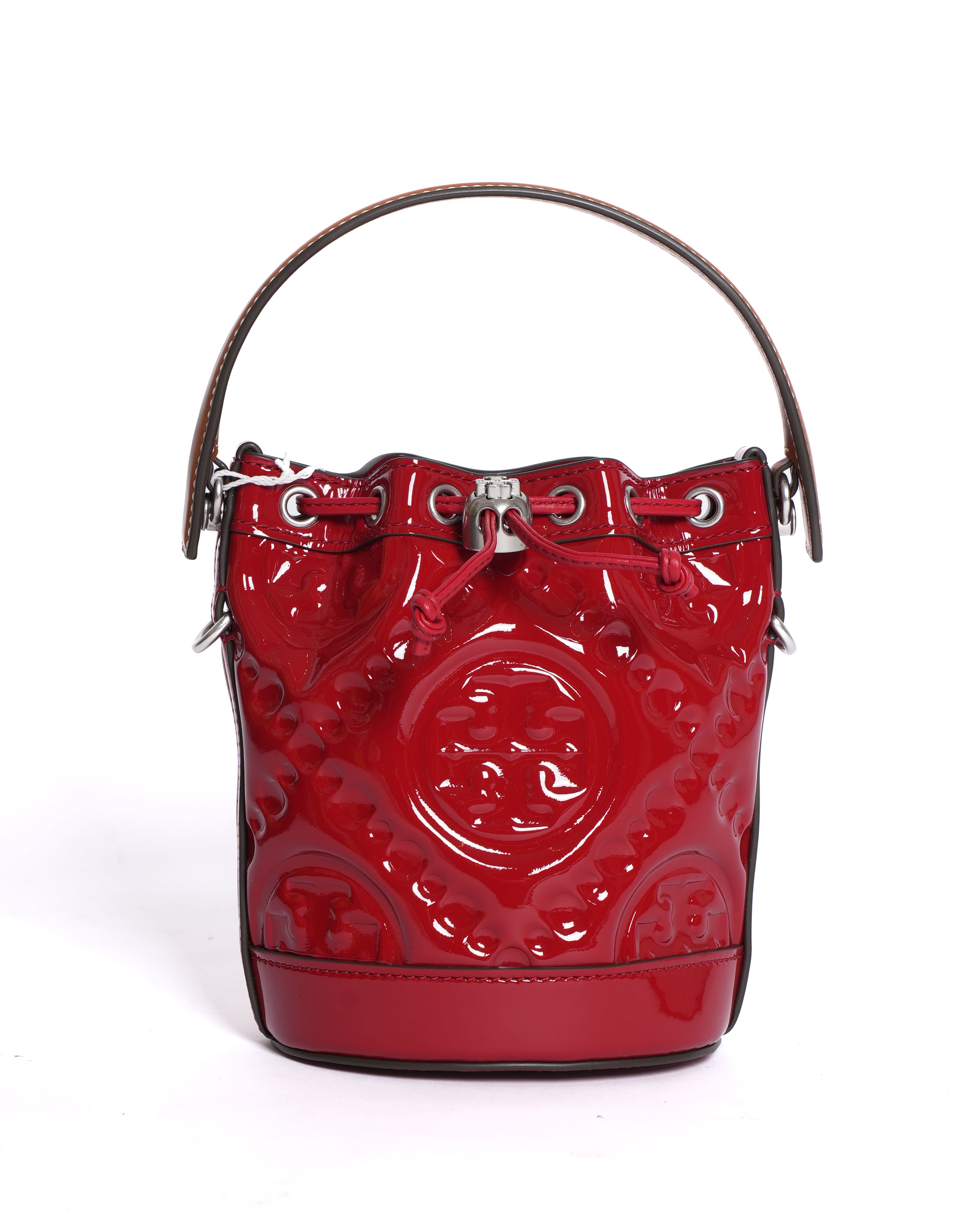 New Tory Burch Monogram Puffy Patent Leather Bucket Bag in Red