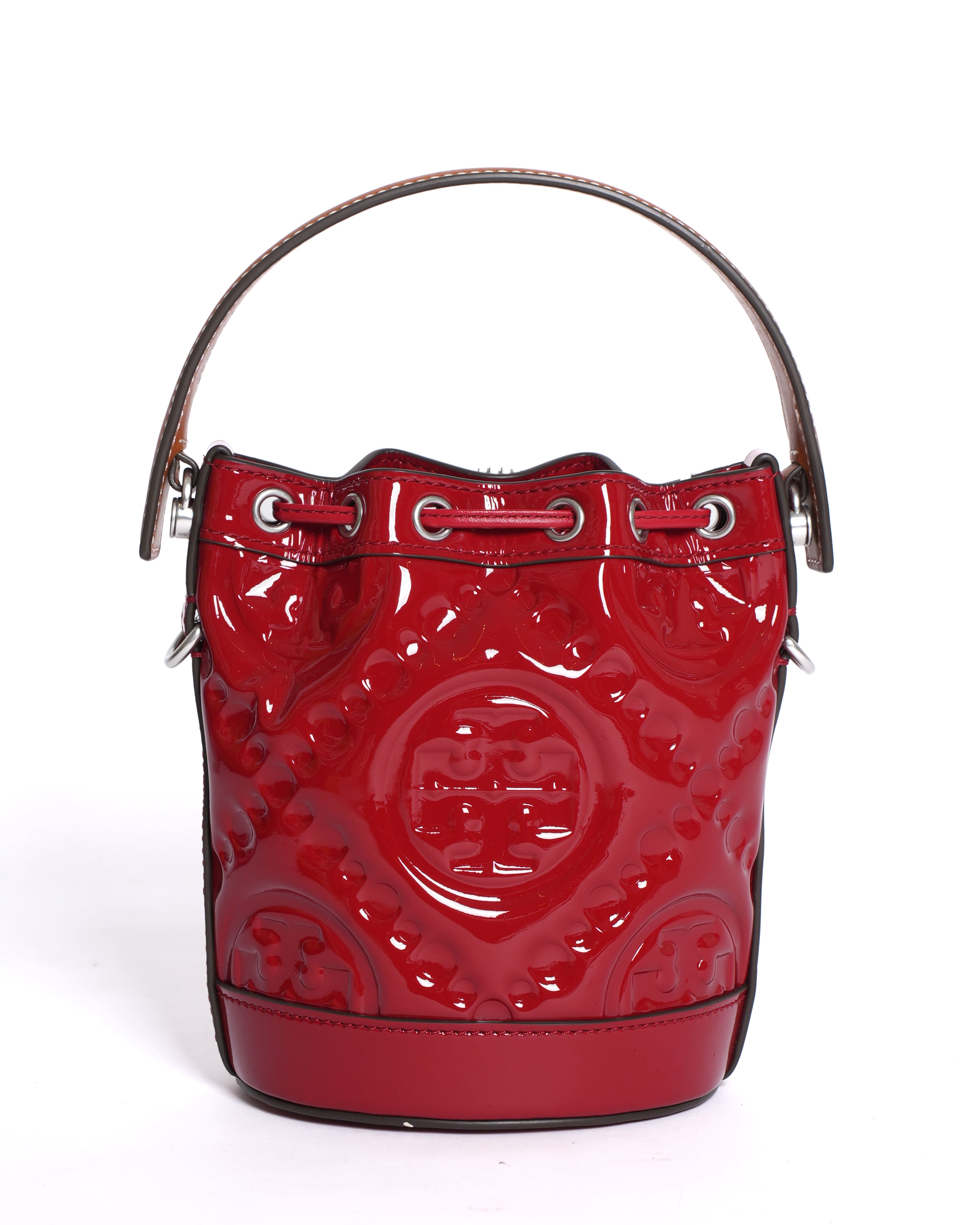 New Tory Burch Monogram Puffy Patent Leather Bucket Bag in Red