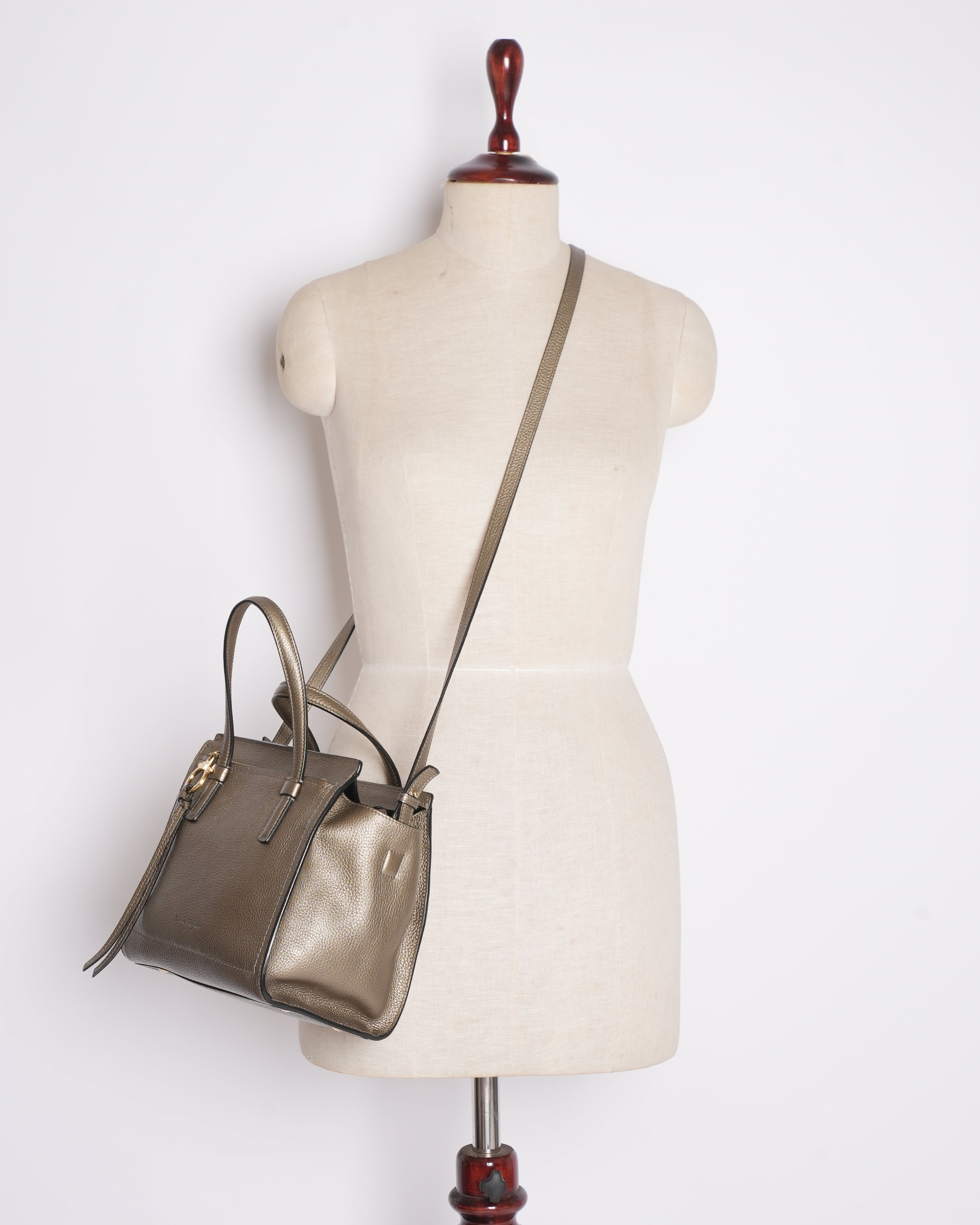 Salvatore Ferragamo Leather Top Handle Bag In Bronze With Crossbody Strap