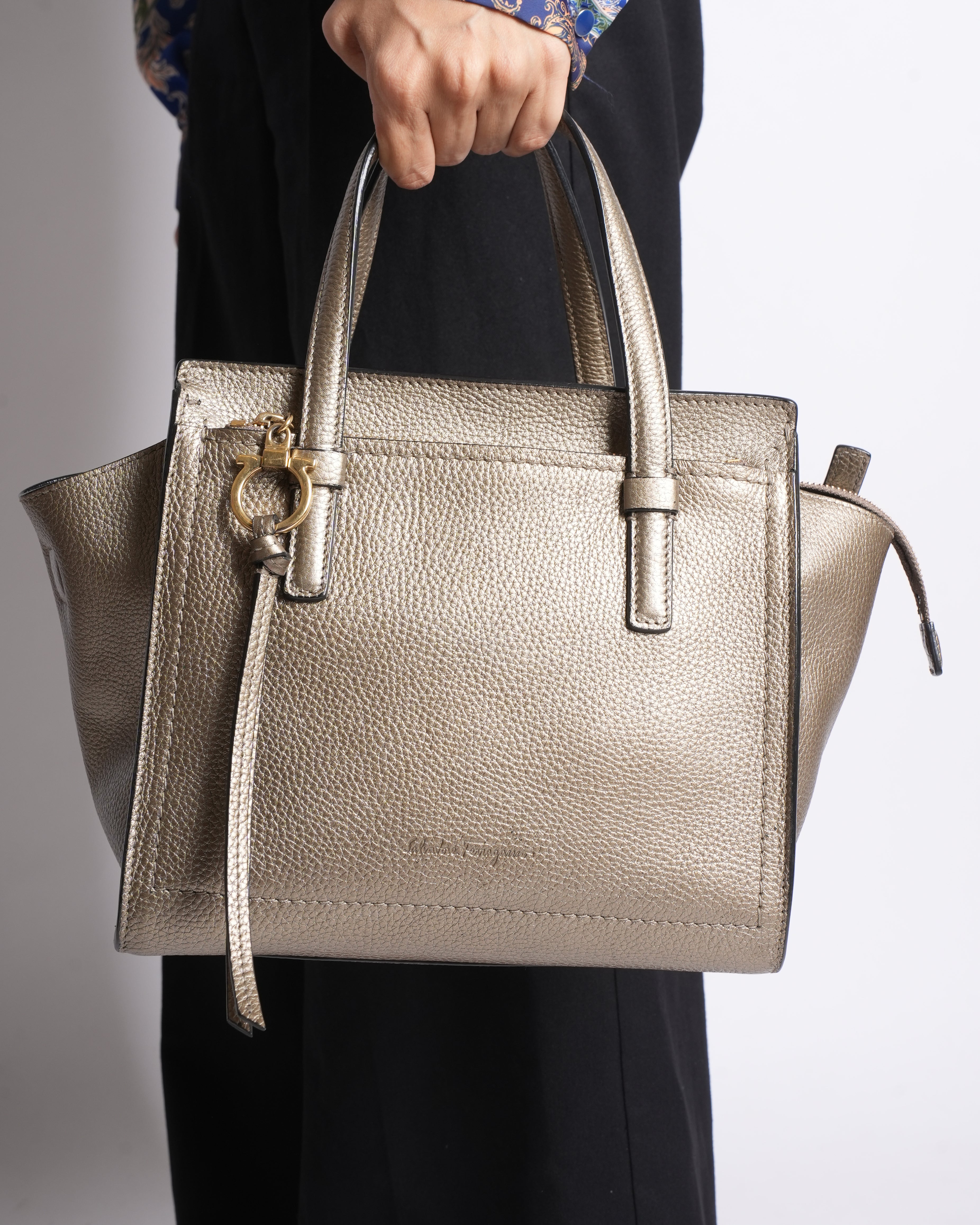 Salvatore Ferragamo Leather Top Handle Bag In Bronze With Crossbody Strap
