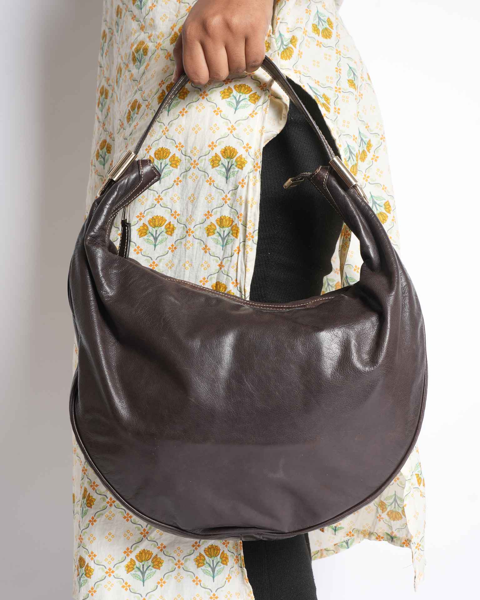 Gucci Ribbon Motif Brown Leather Shoulder Bag