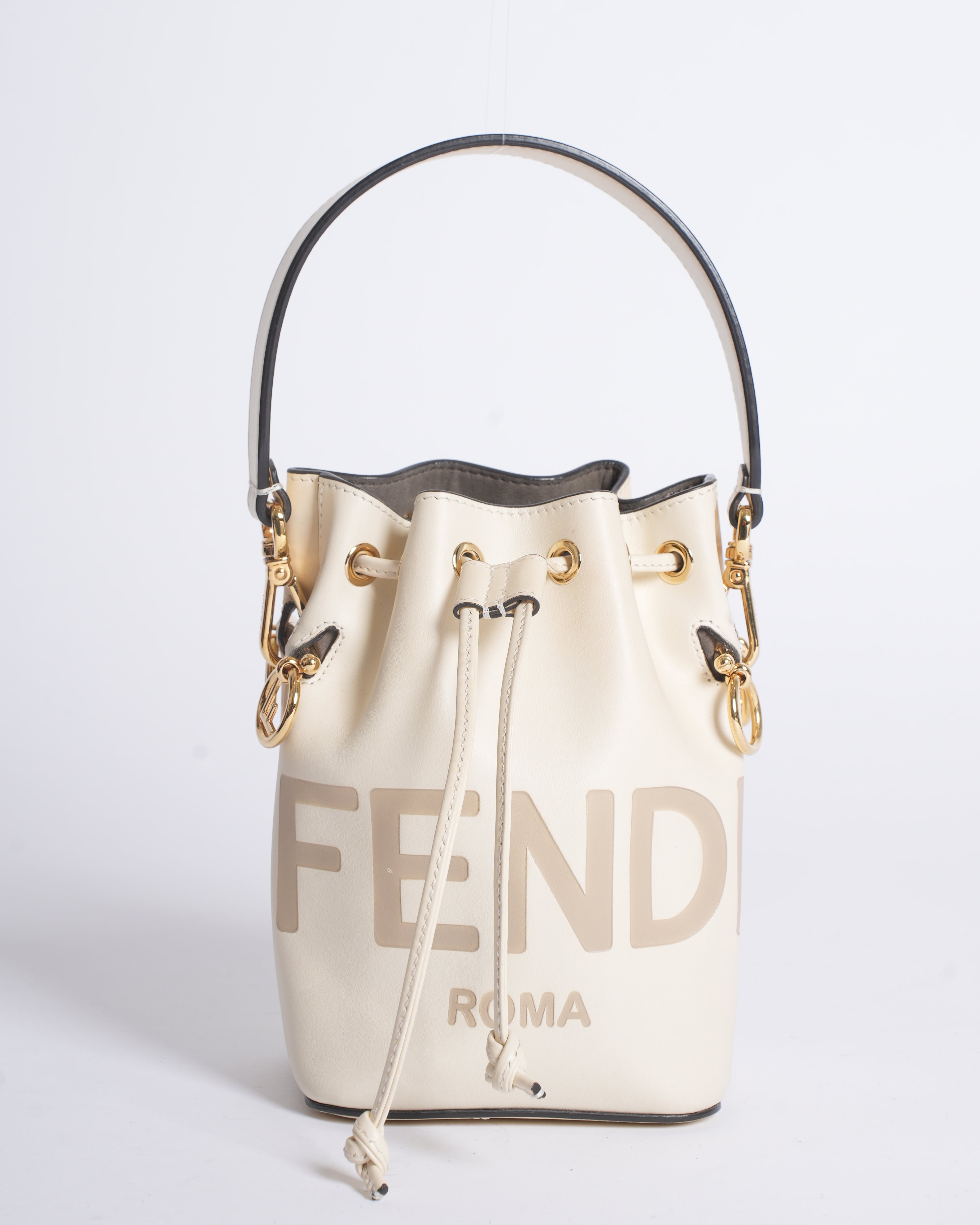 Fendi White Leather Mini Logo Mon Trésor Drawstring Bucket Bag