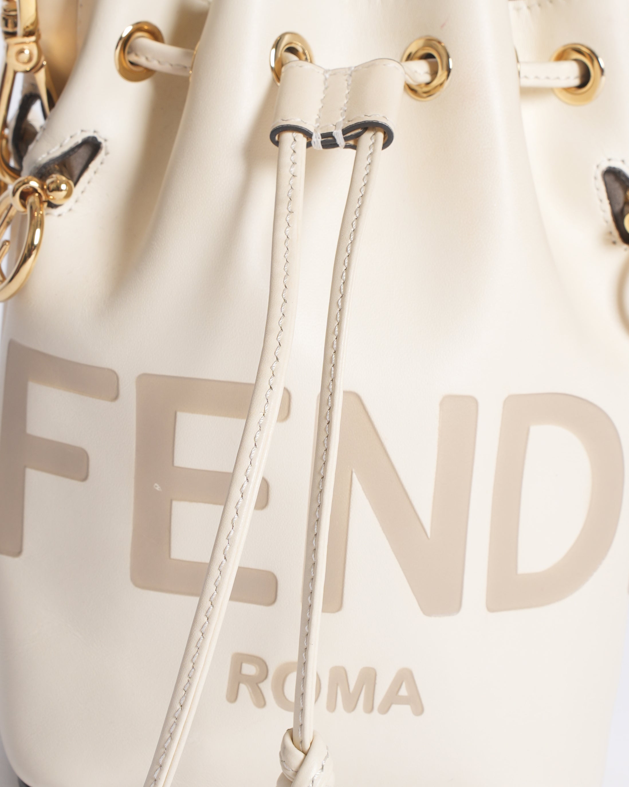Fendi White Leather Mini Logo Mon Trésor Drawstring Bucket Bag