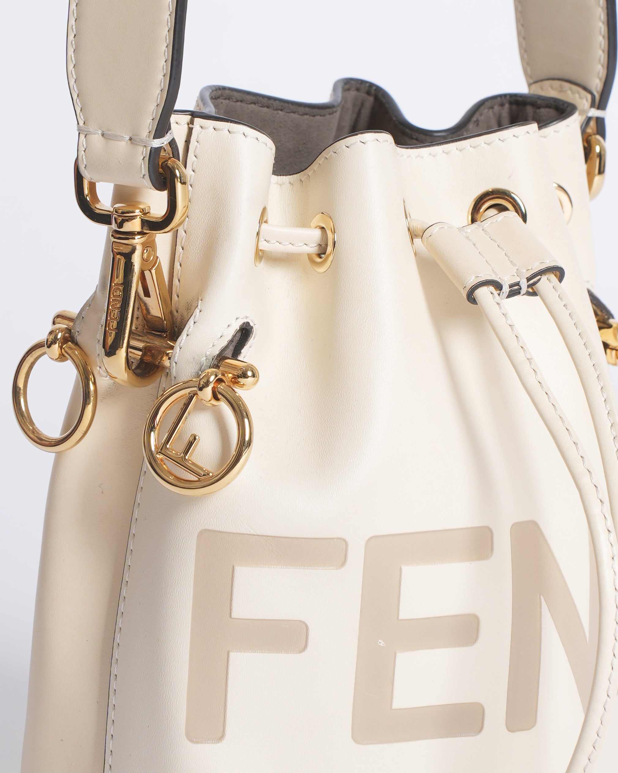 Fendi White Leather Mini Logo Mon Trésor Drawstring Bucket Bag