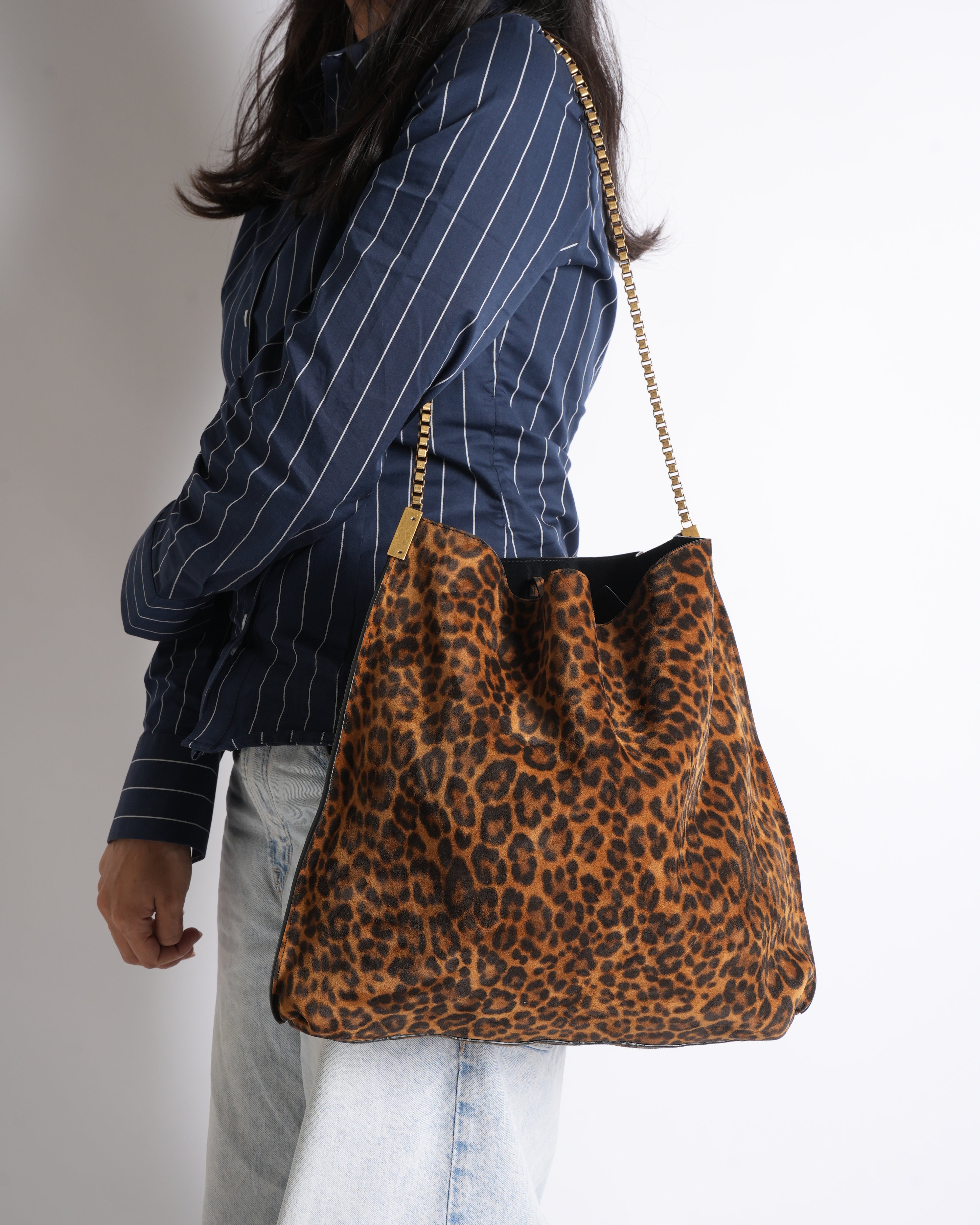 Saint Laurent leopard-print suede hobo shoulder bag