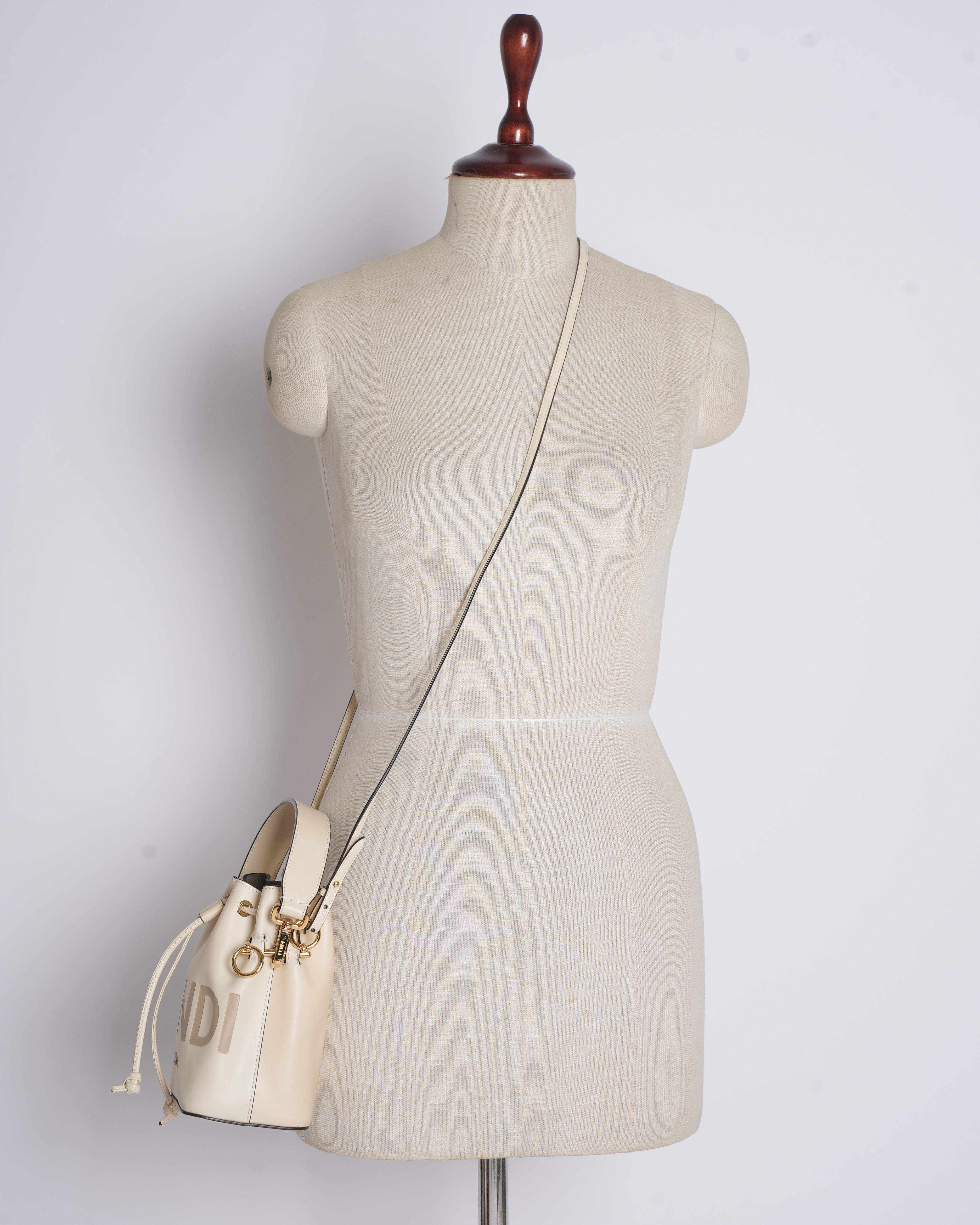 Fendi White Leather Mini Logo Mon Trésor Drawstring Bucket Bag