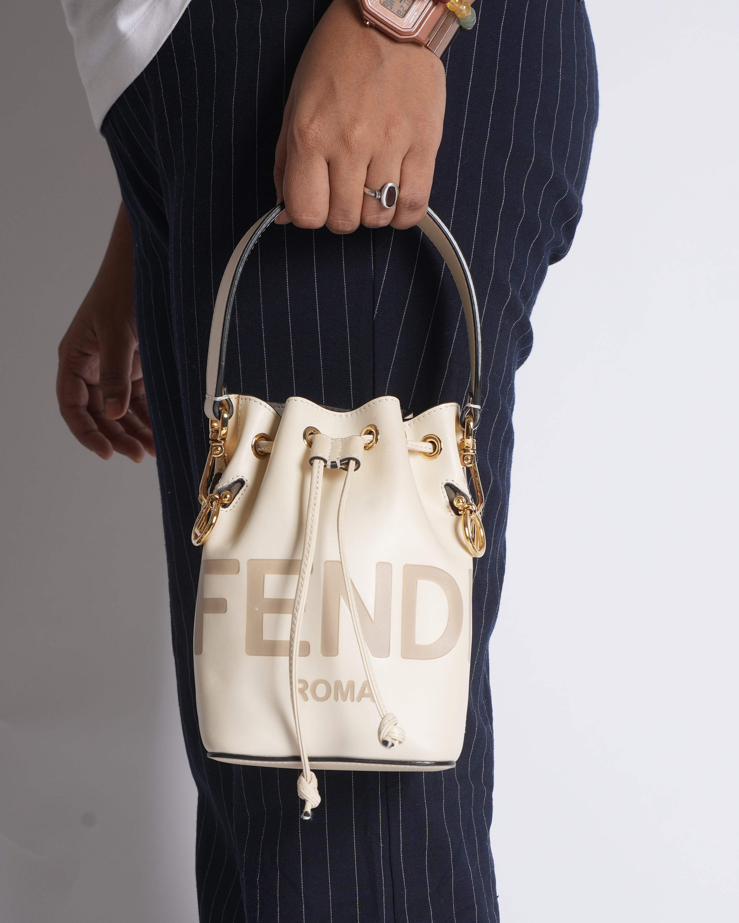 Fendi White Leather Mini Logo Mon Trésor Drawstring Bucket Bag