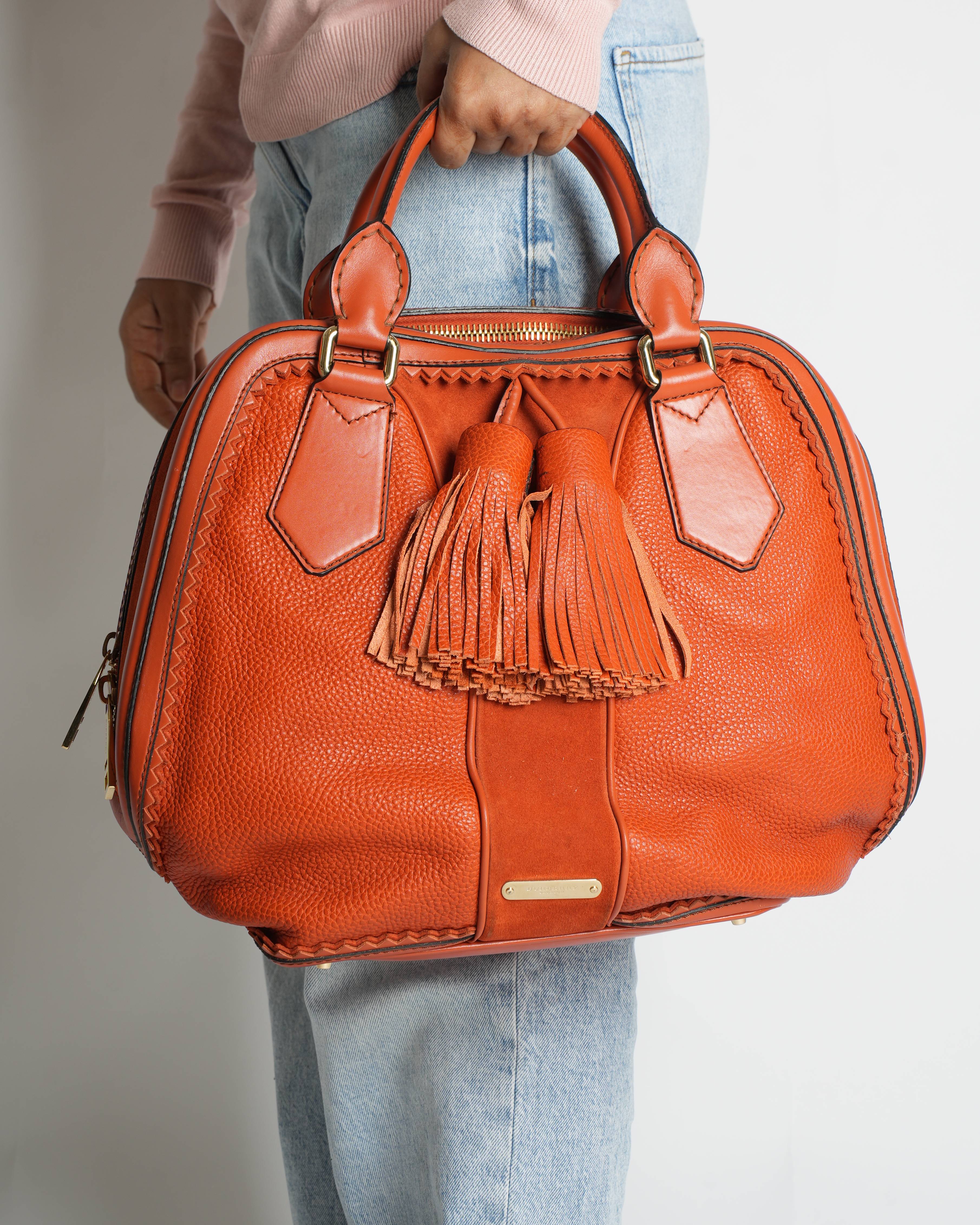 Burberry Orange Leather and Suede Tassel Satchel