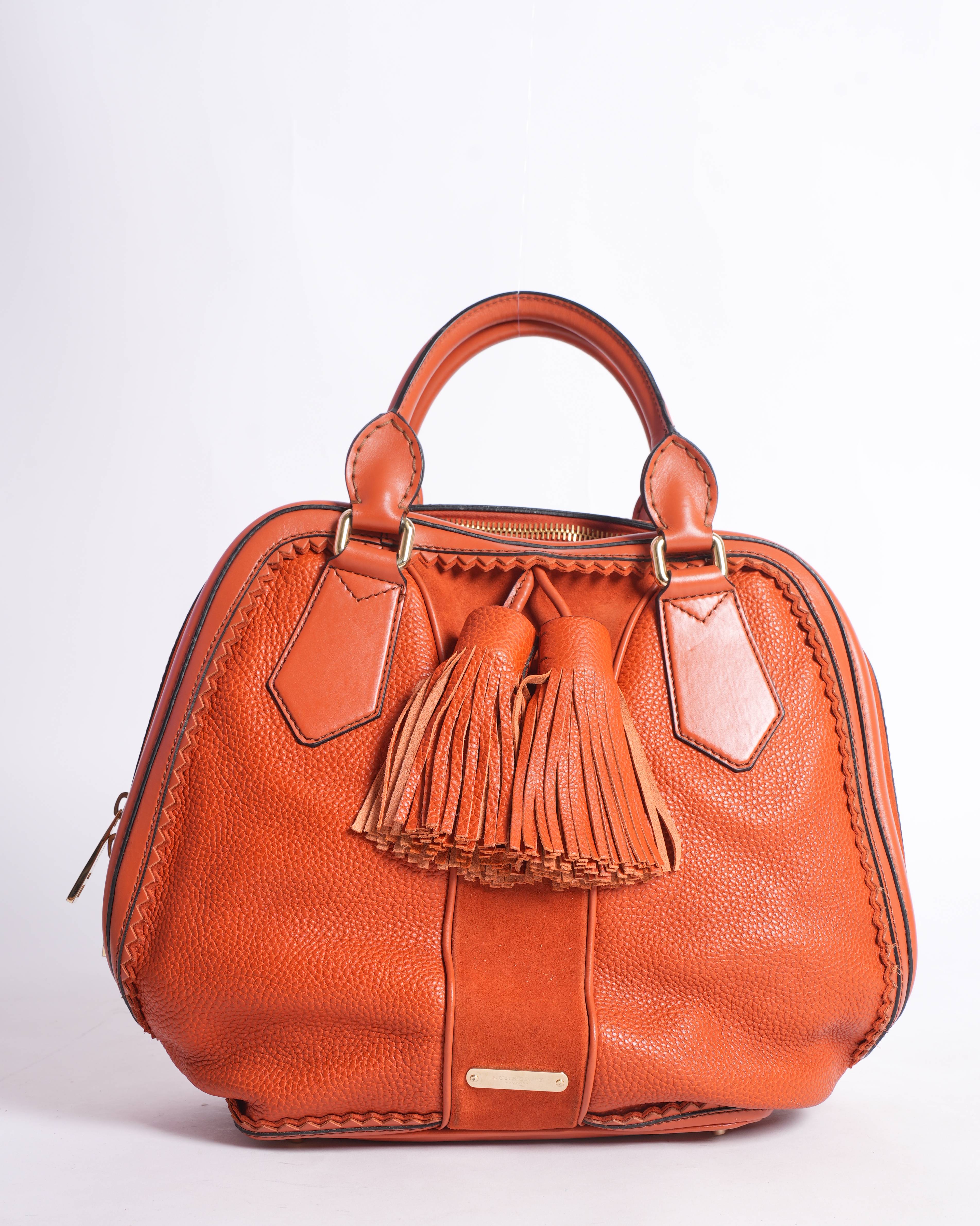 Burberry Orange Leather and Suede Tassel Satchel