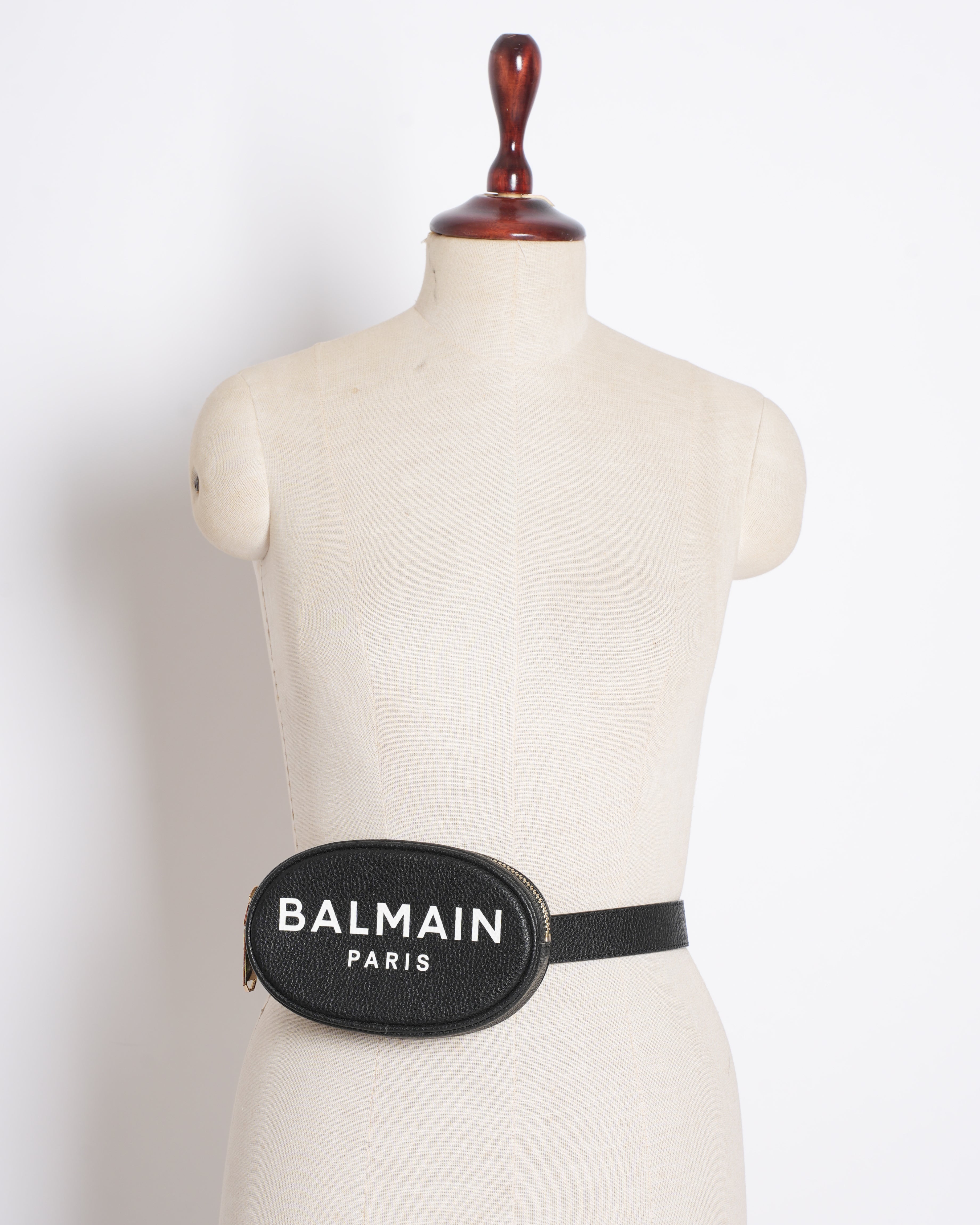 New Balmain Black Leather Waist Belt Bag