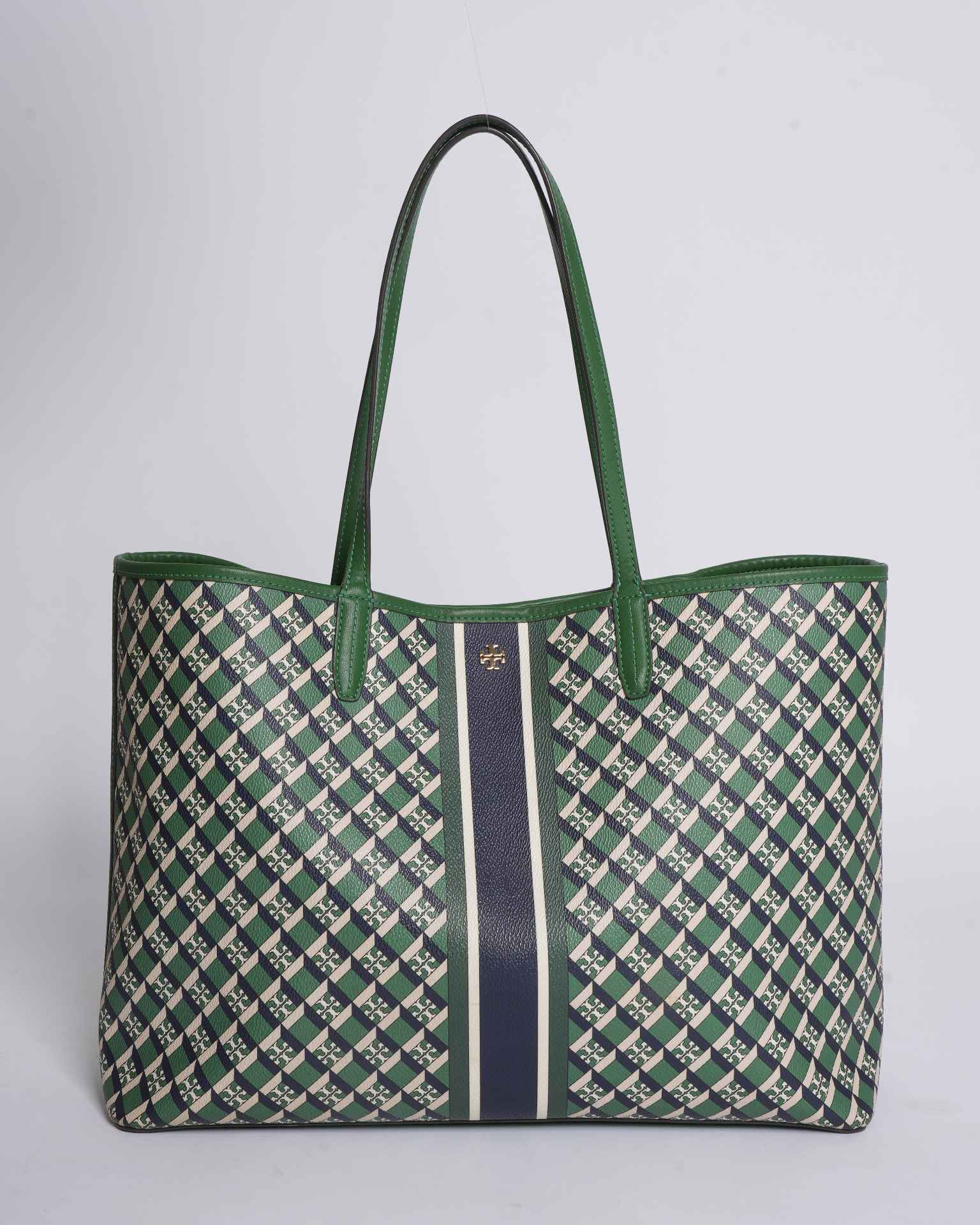 Tory Burch Geo Logo Stripe Tote Bag In Green