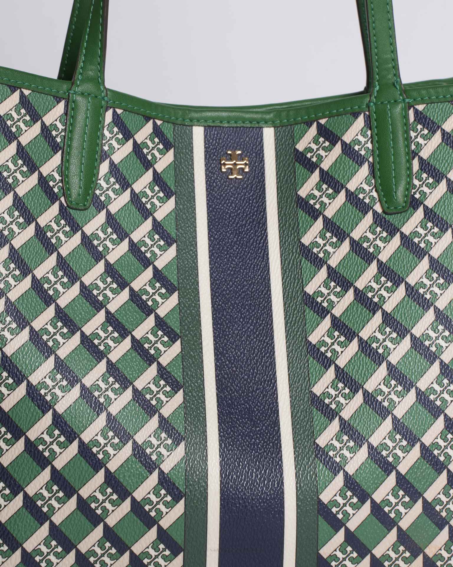Tory Burch Geo Logo Stripe Tote Bag In Green