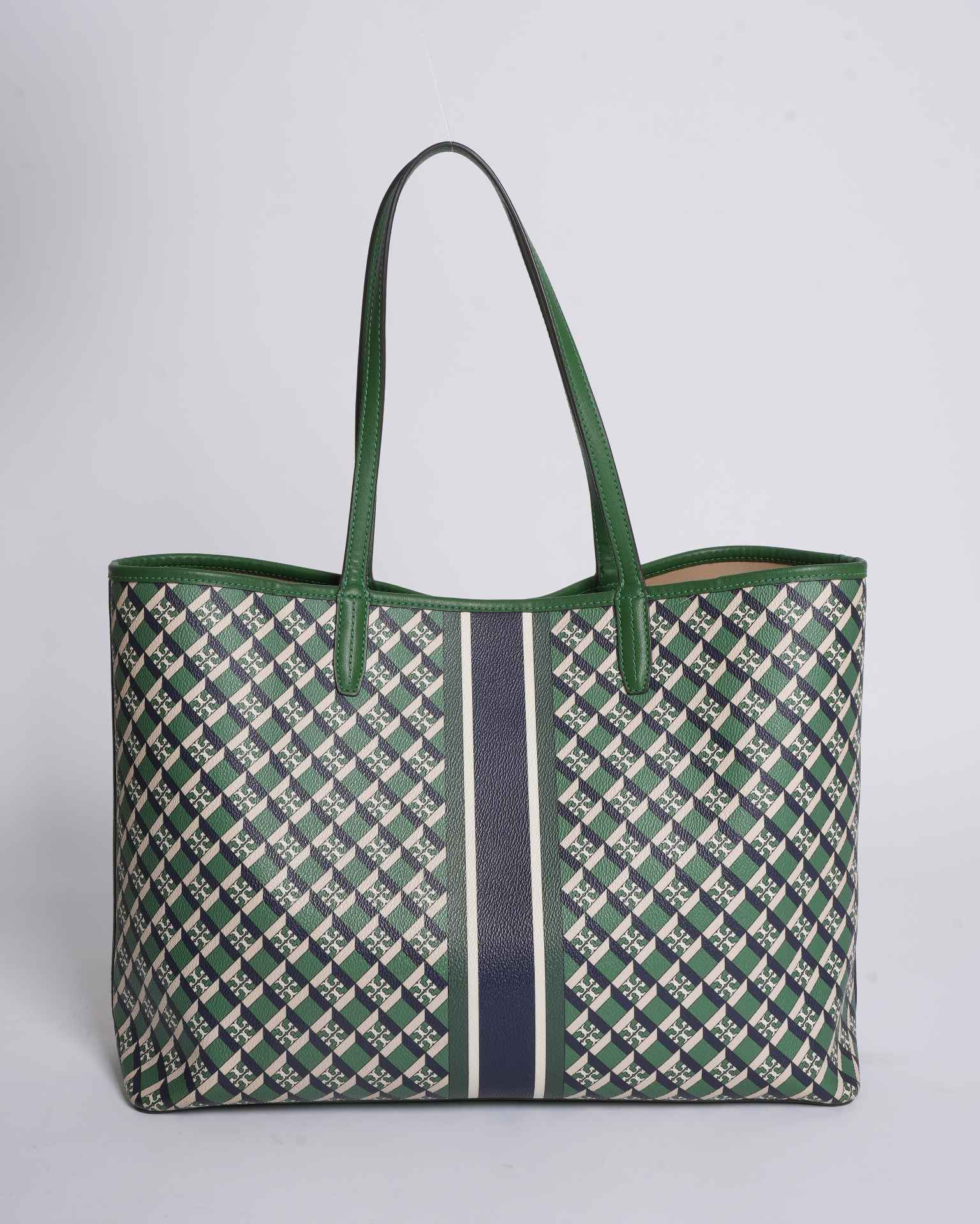 Tory Burch Geo Logo Stripe Tote Bag In Green