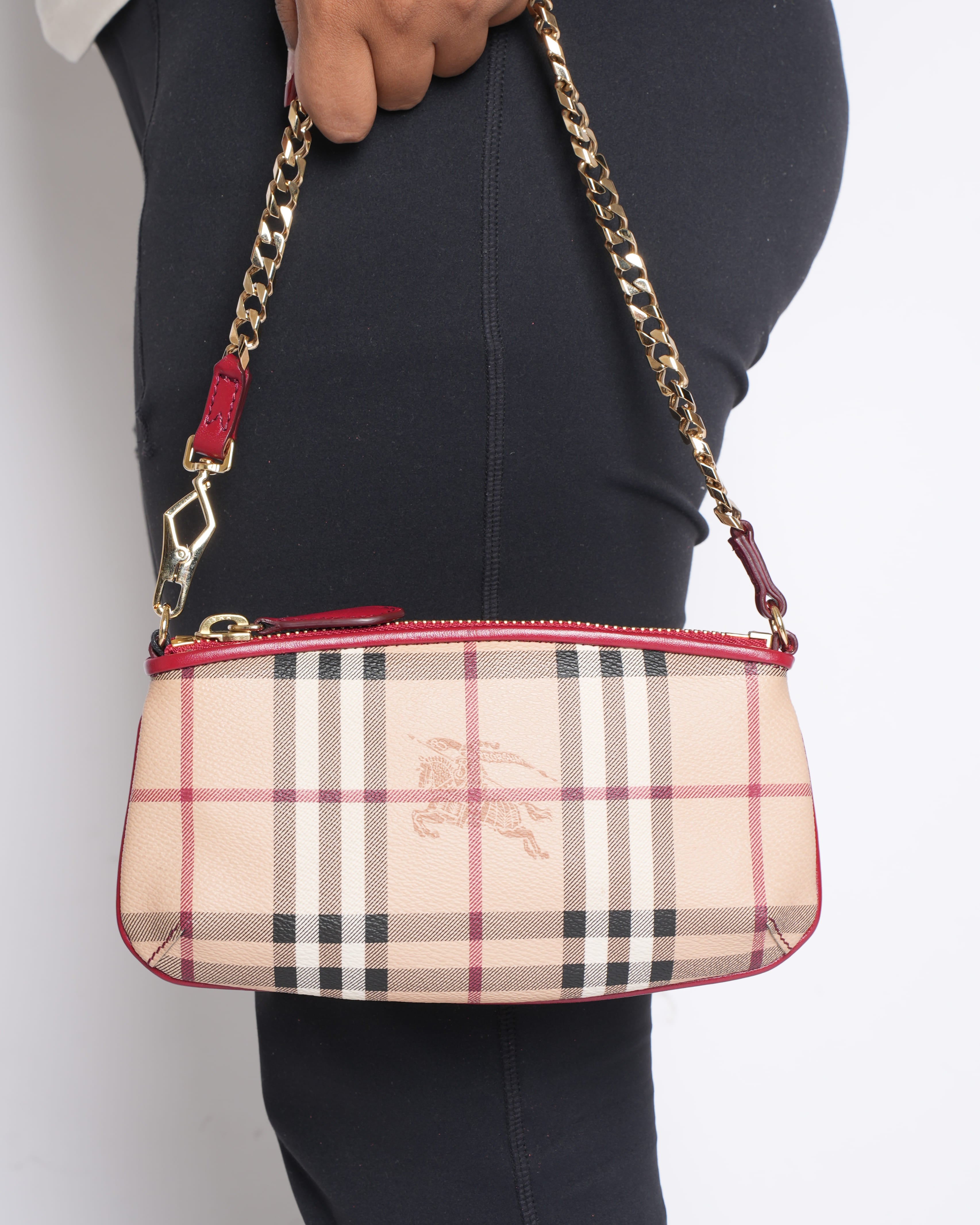 New Burberry Haymarket Check Clara Shoulder Bag in Red