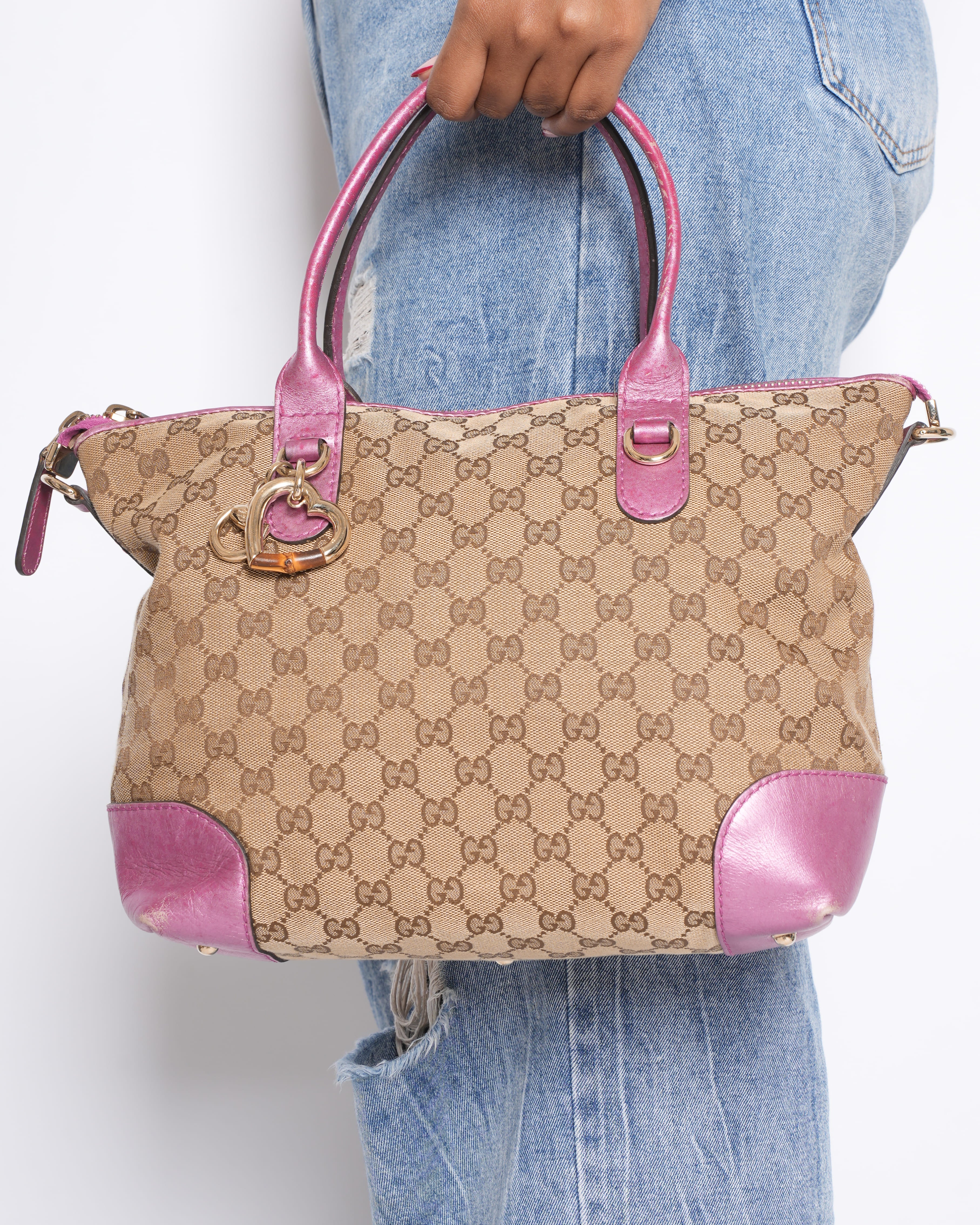 Gucci Canvas & Leather Shoulder Bag in Metallic Pink