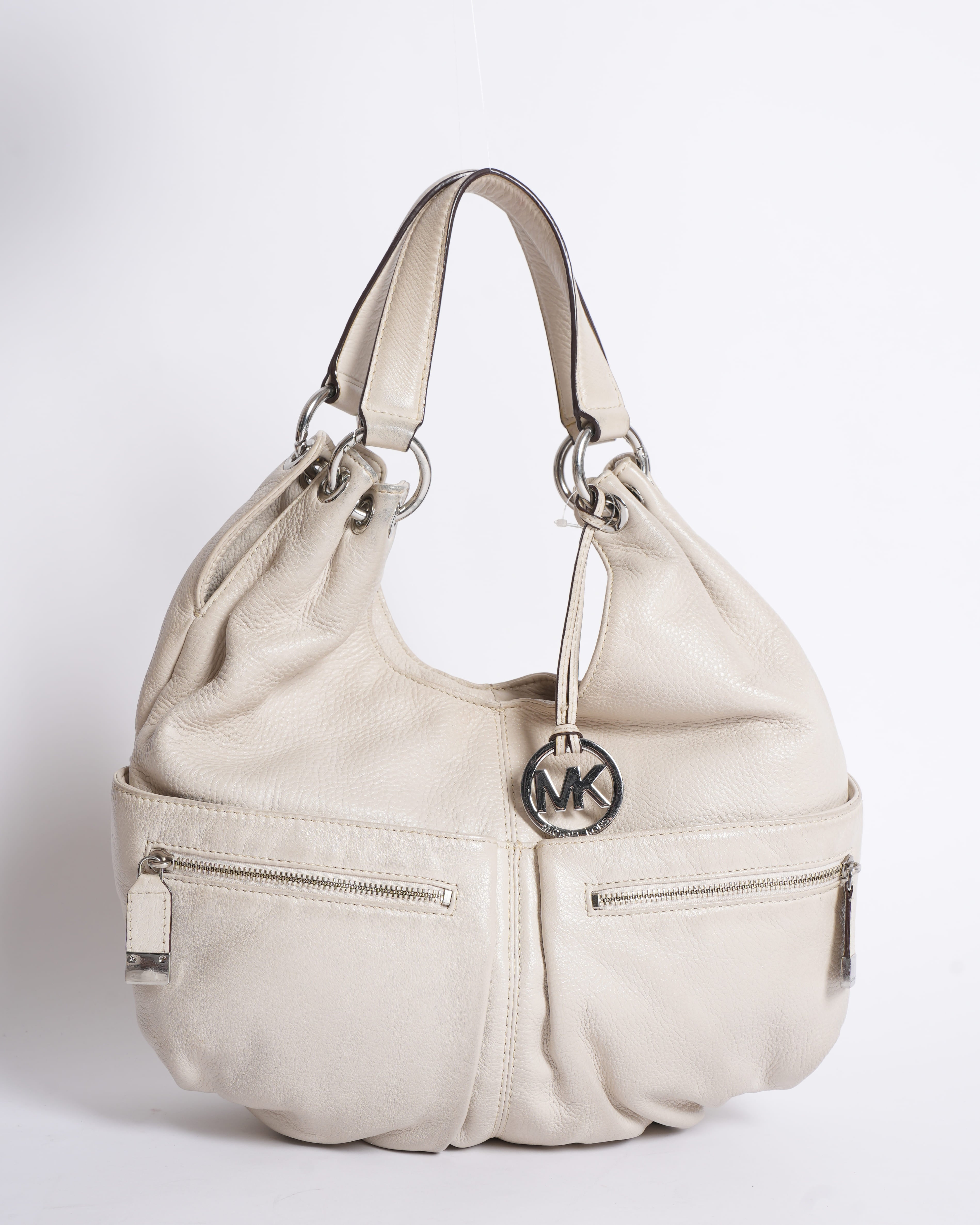 Michael Kors Ivory Leather Double Pocket Zip Hobo Bag