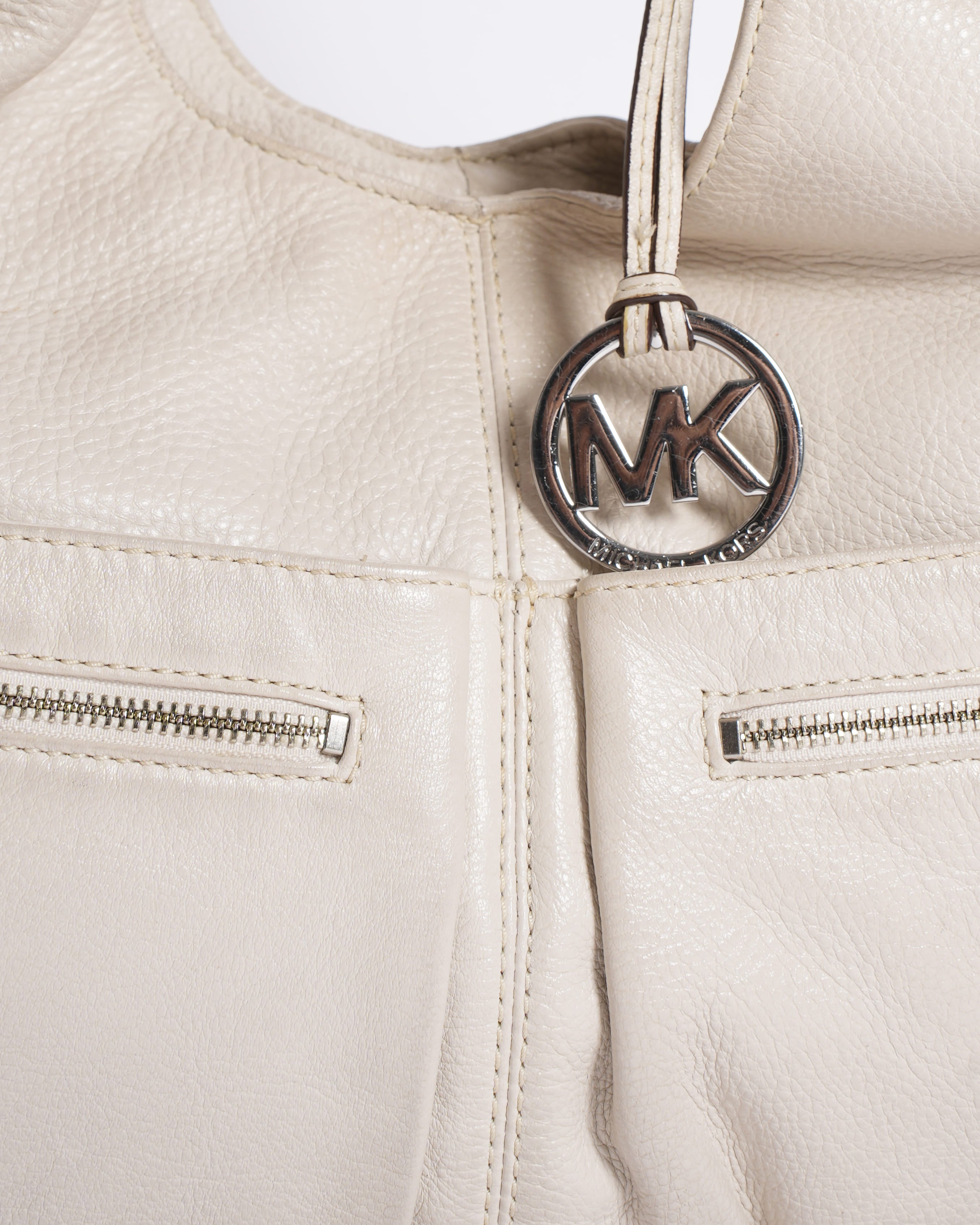 Michael Kors Ivory Leather Double Pocket Zip Hobo Bag