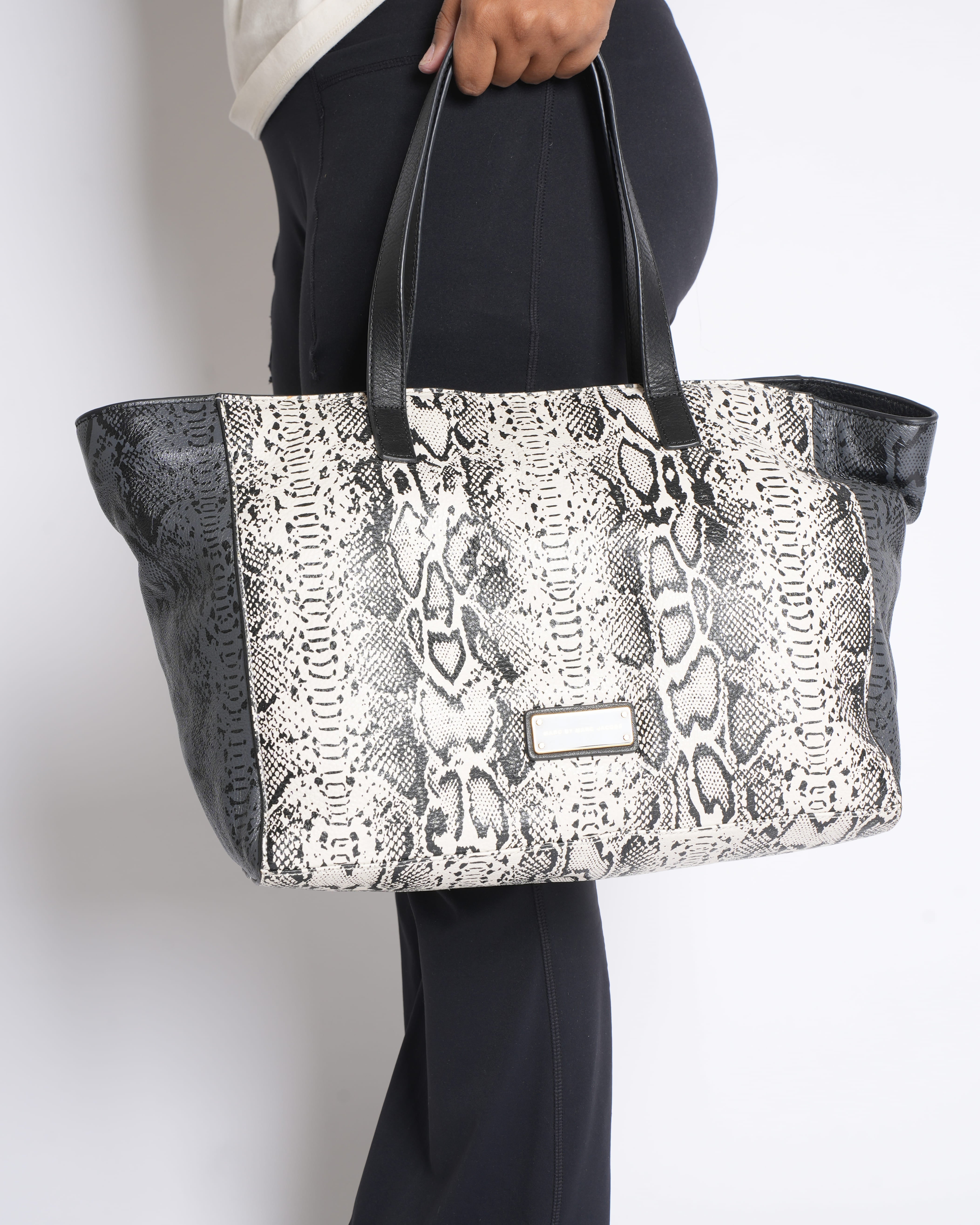 Marc Jacobs Black Animal Print Leather Tote in White & Black