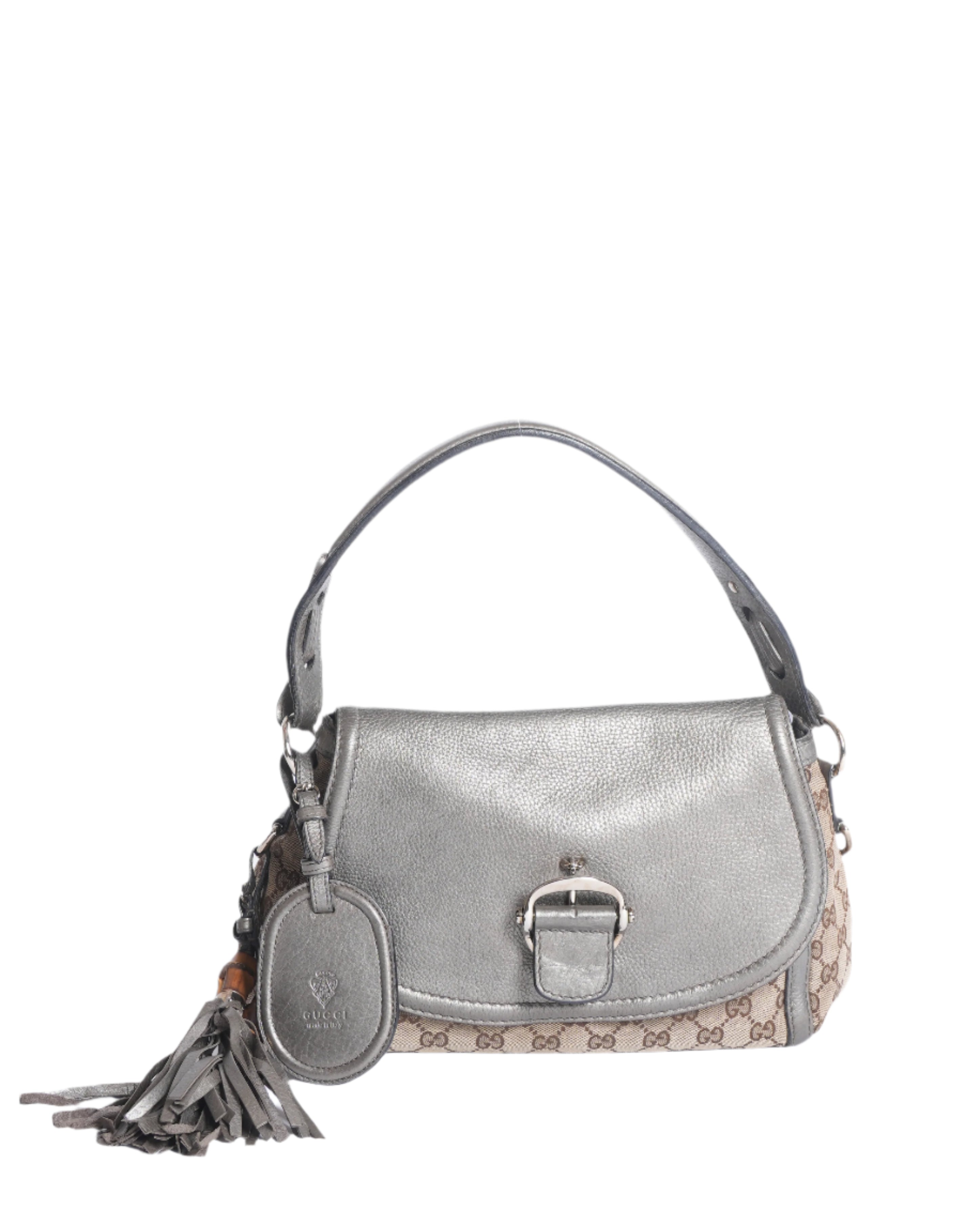 Gucci Grey Beige Leather and Canvas Techno Horsebit Hobo