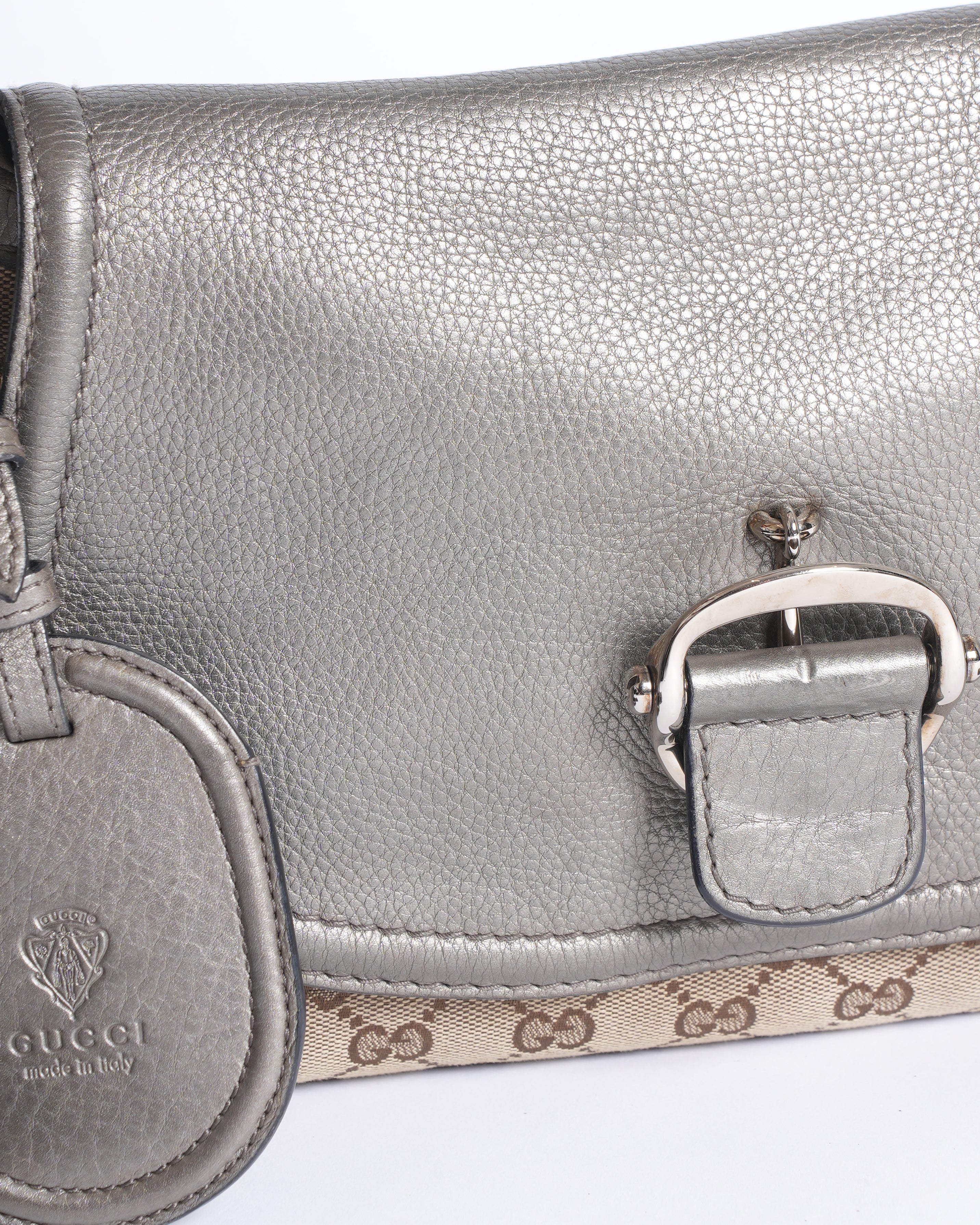 Gucci Grey Beige Leather and Canvas Techno Horsebit Hobo