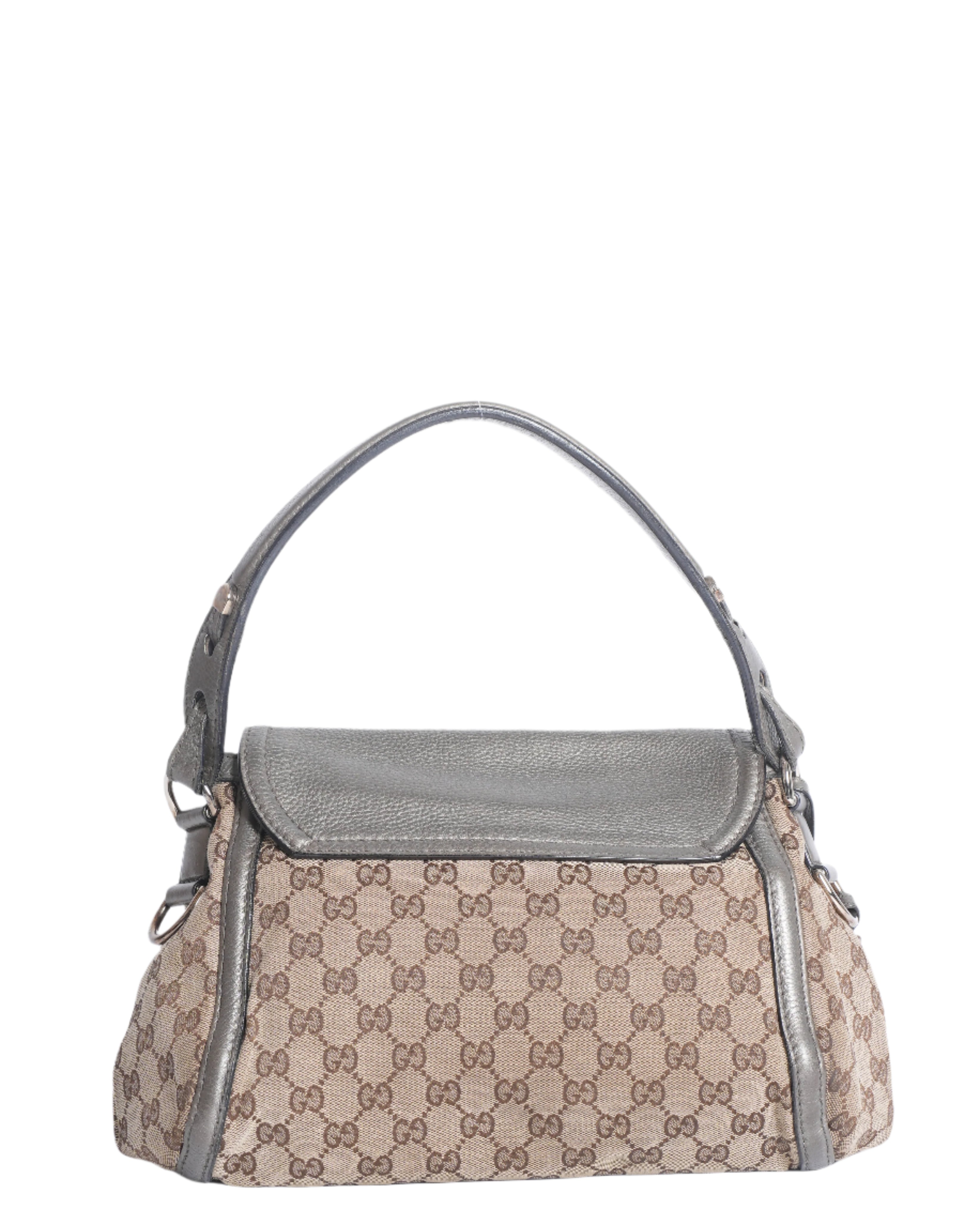 Gucci Grey Beige Leather and Canvas Techno Horsebit Hobo