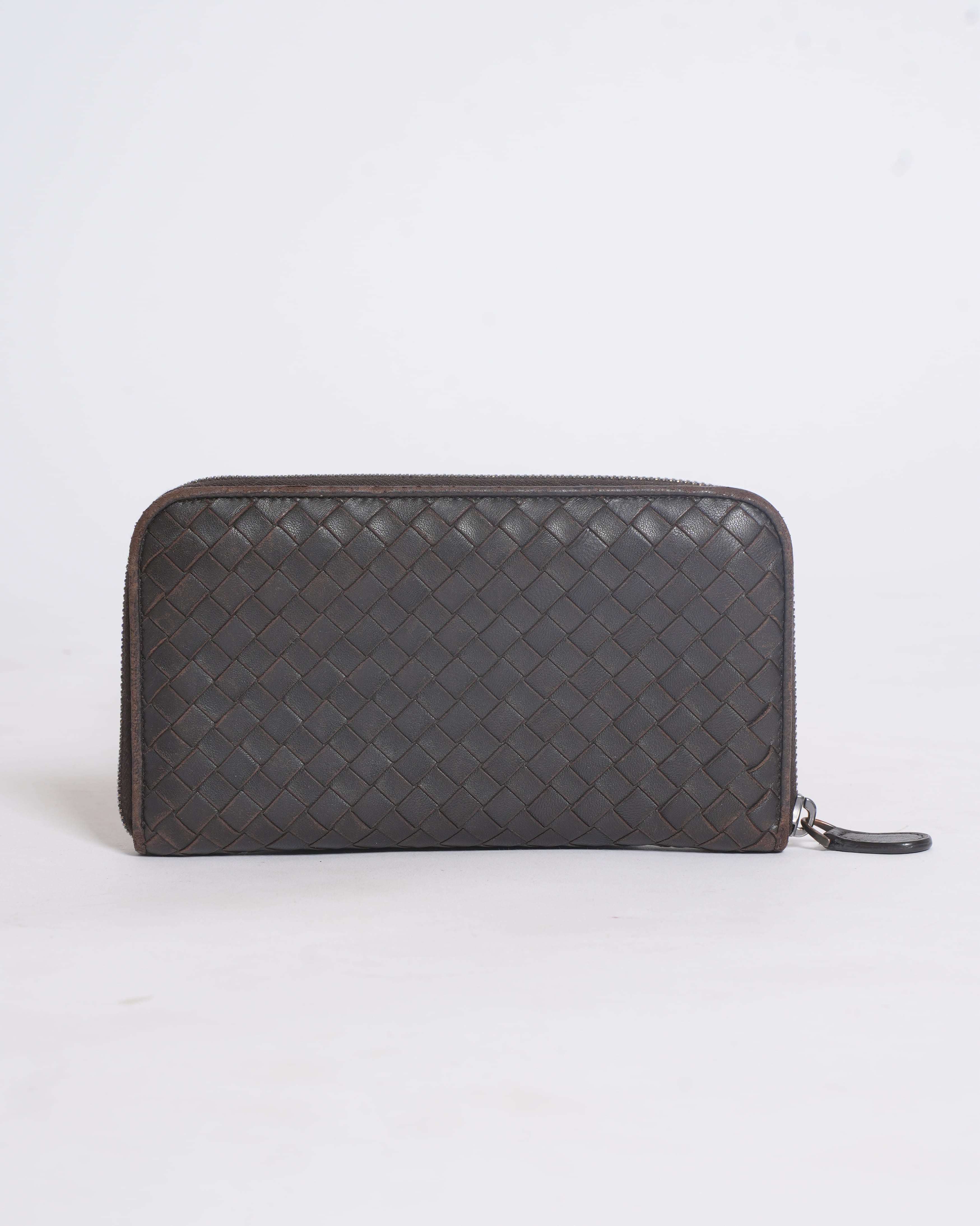 Bottega Veneta Intrecciato Zipper Wallet in Dark Brown