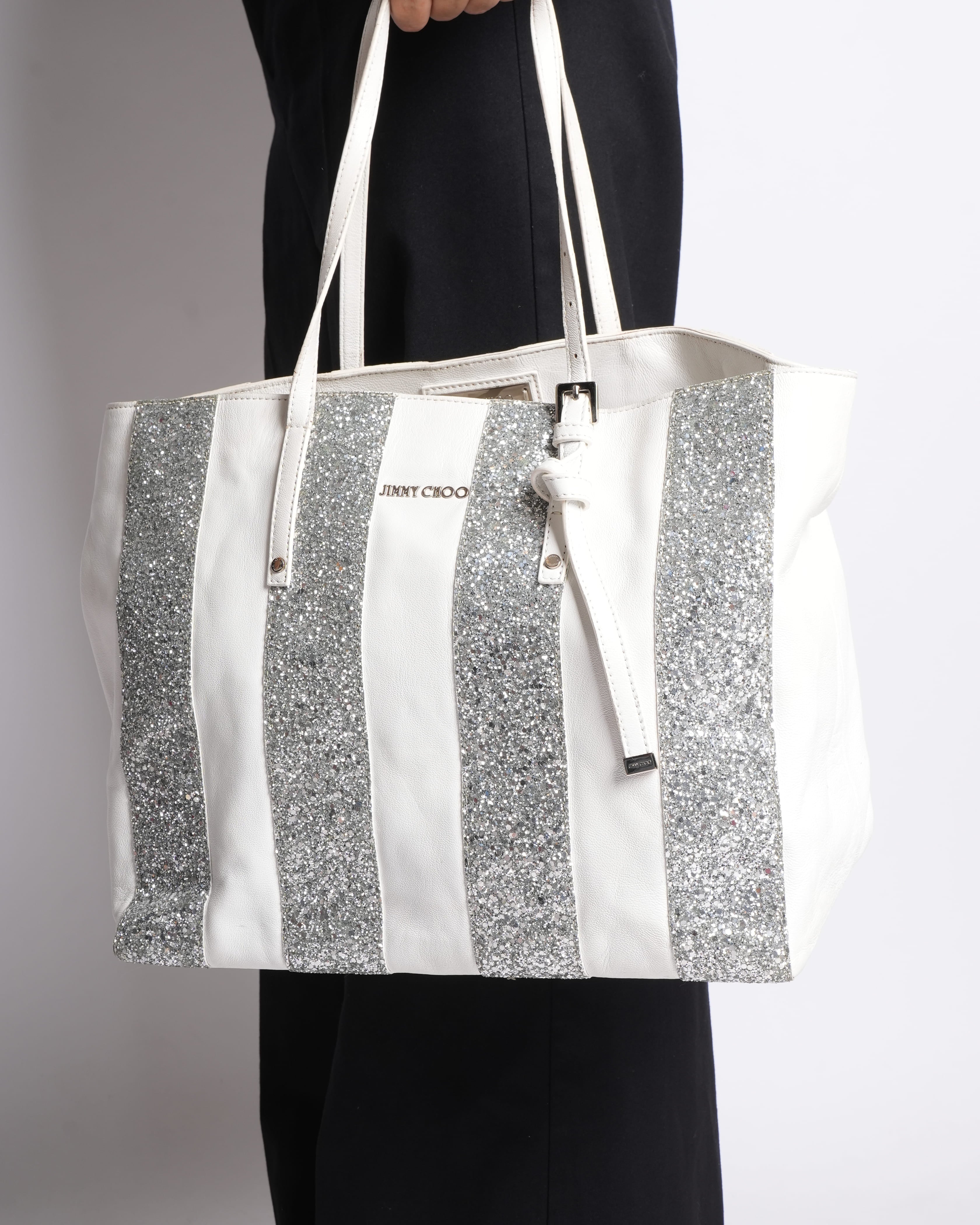 Jimmy Choo Shoulder Bag In White WIth Silver Stripes