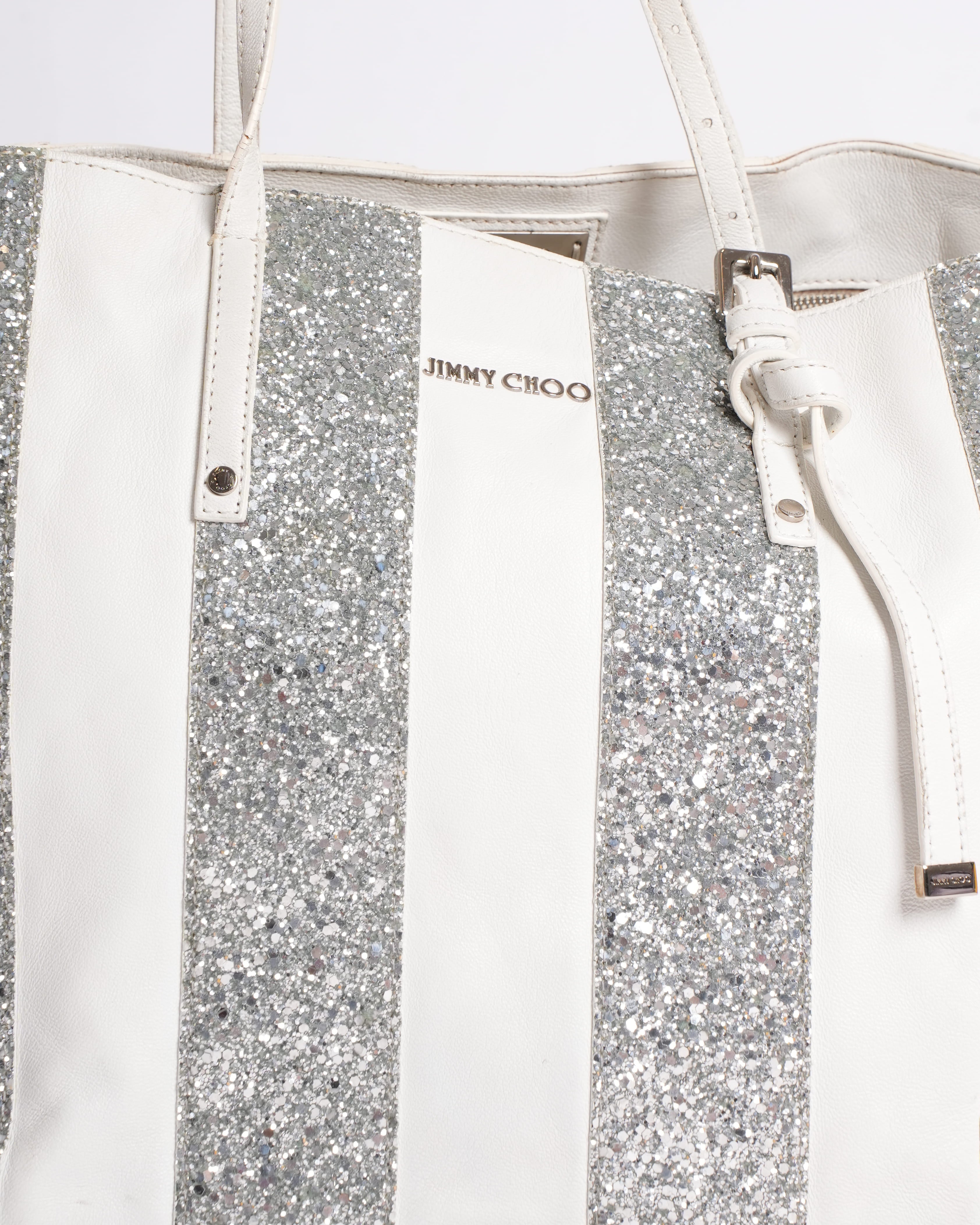 Jimmy Choo Shoulder Bag In White WIth Silver Stripes