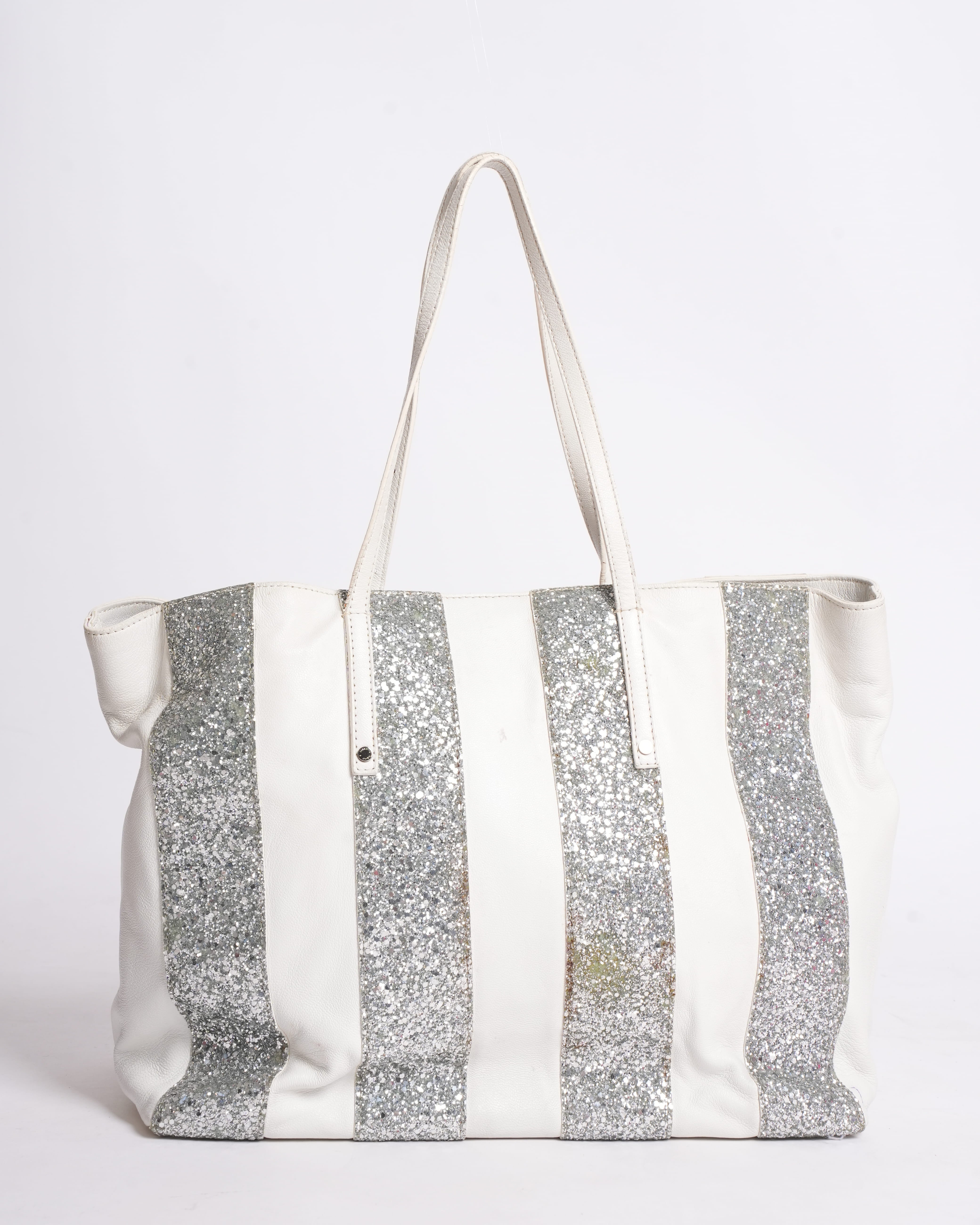 Jimmy Choo Shoulder Bag In White WIth Silver Stripes