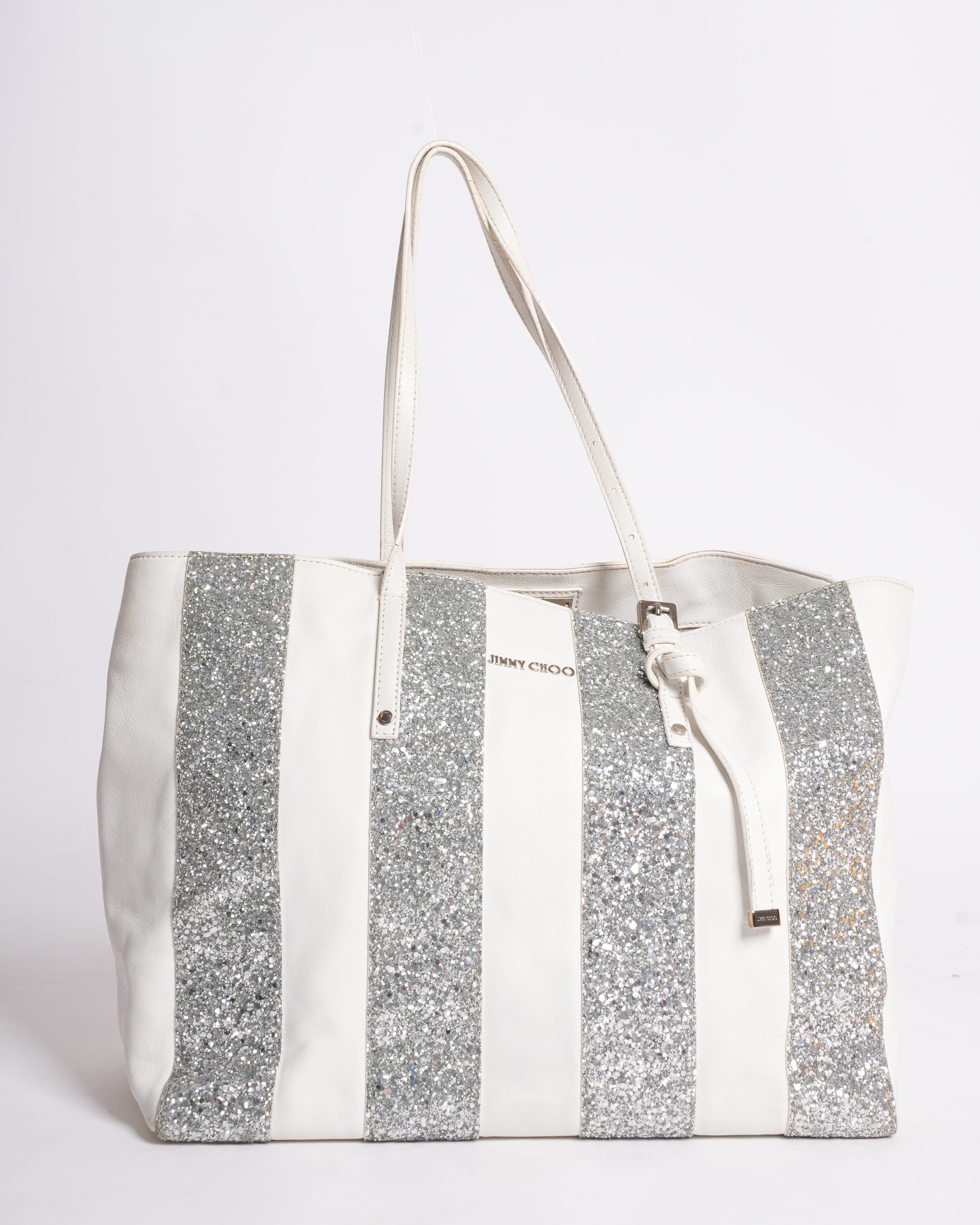 Jimmy Choo Shoulder Bag In White WIth Silver Stripes