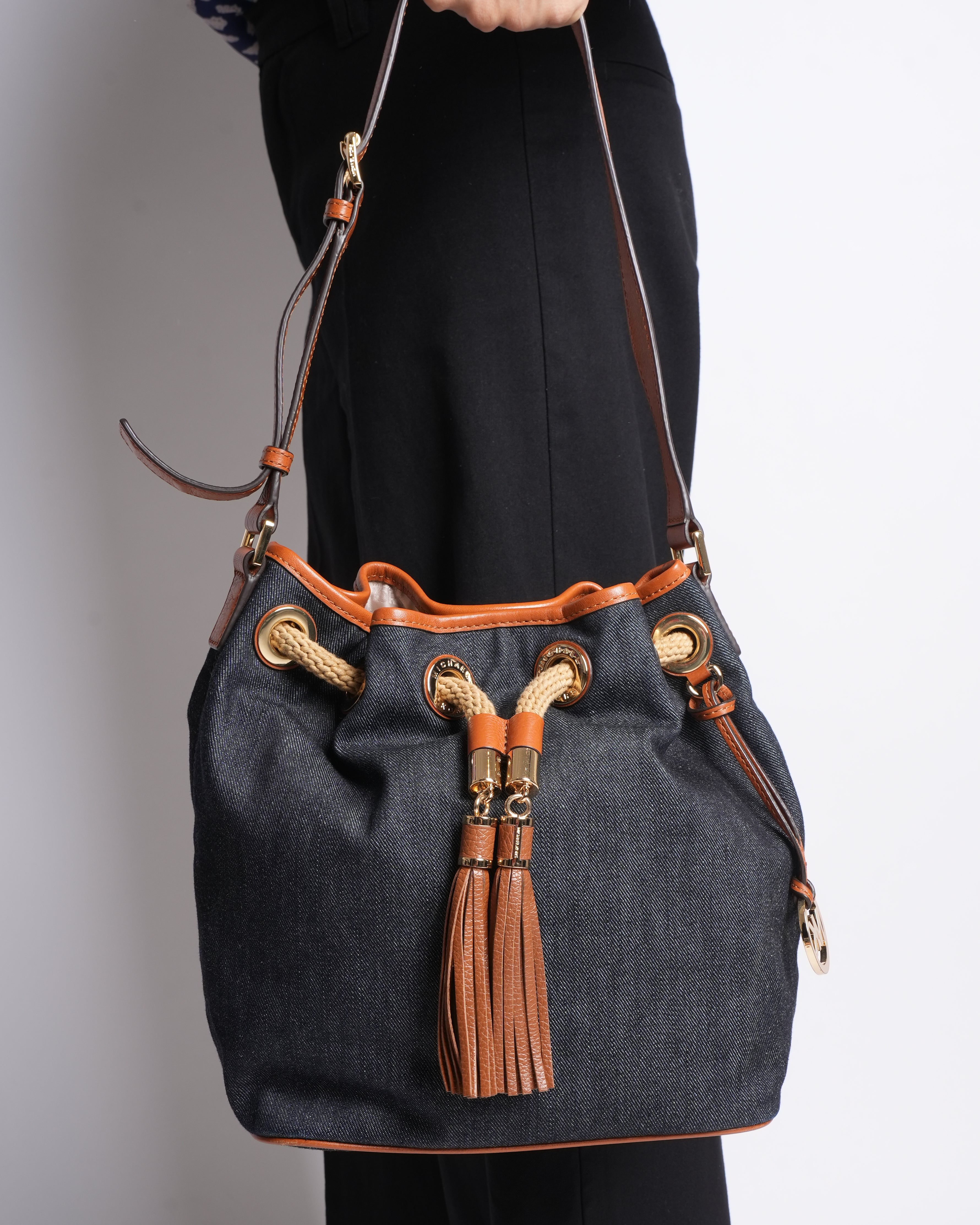 Michael Kors Denim Bucket Bag With Leather Trimming