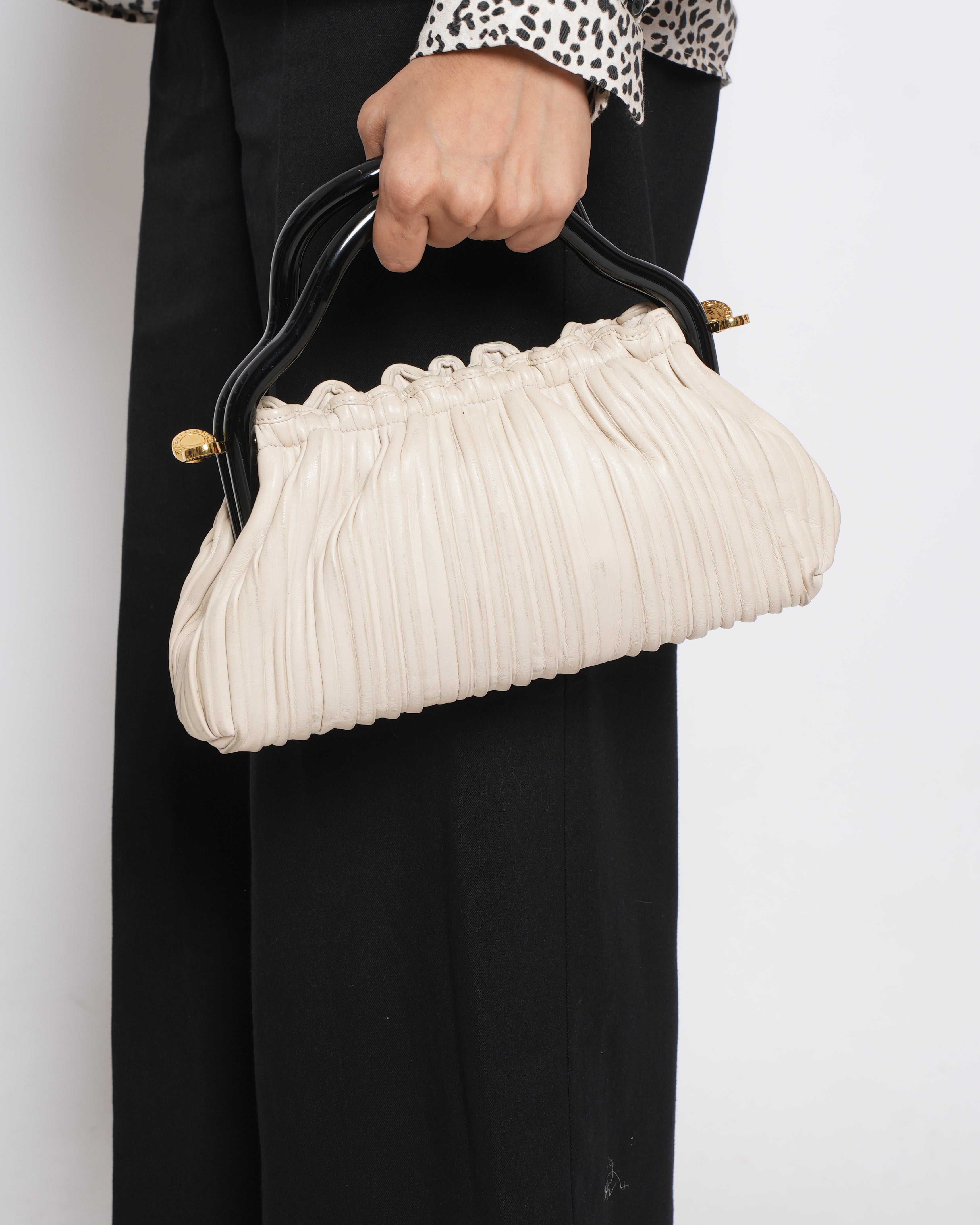 Bvlgari Leather Pleated Handbag In White
