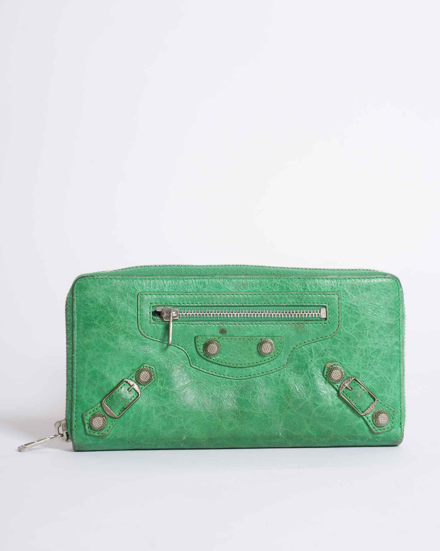 Balenciaga Green Leather Zip-Around City Wallet