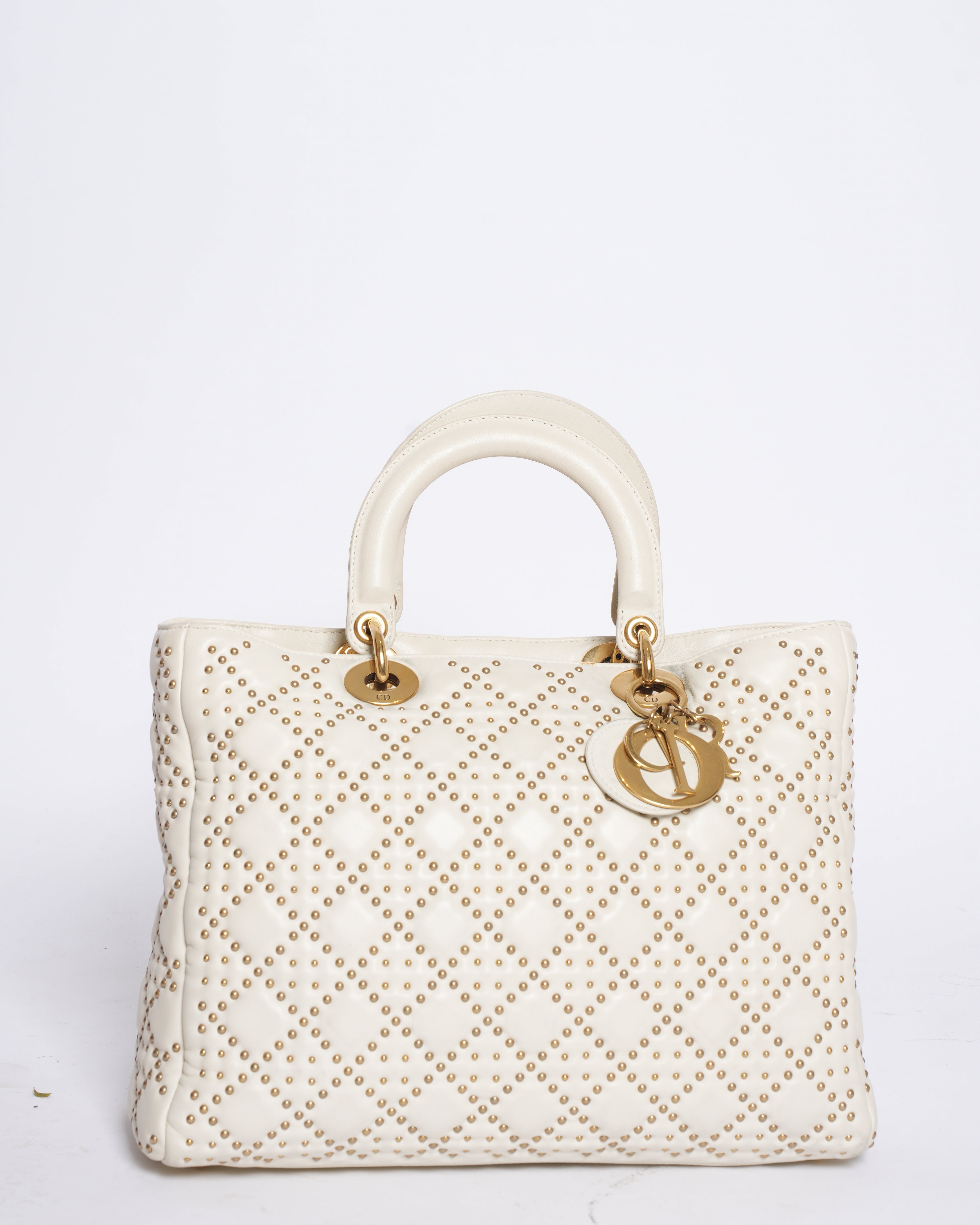 Dior White & Gold Medium Lambskin Studded Supple Lady Dior Tote