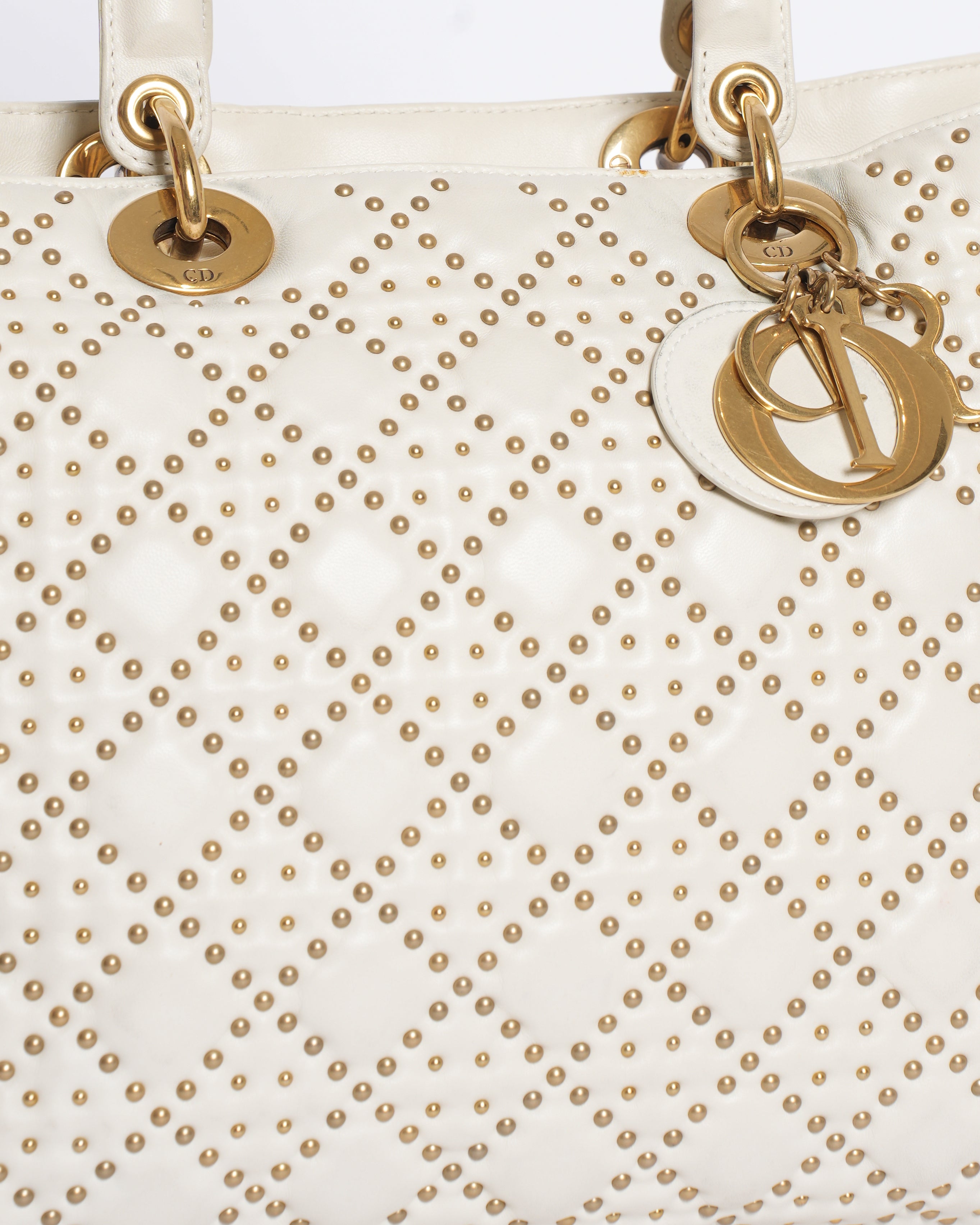 Dior White & Gold Medium Lambskin Studded Supple Lady Dior Tote