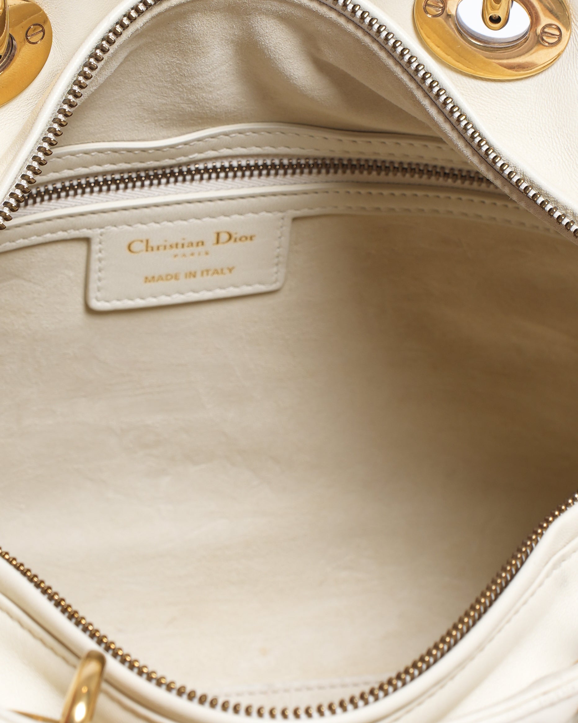 Dior White & Gold Medium Lambskin Studded Supple Lady Dior Tote