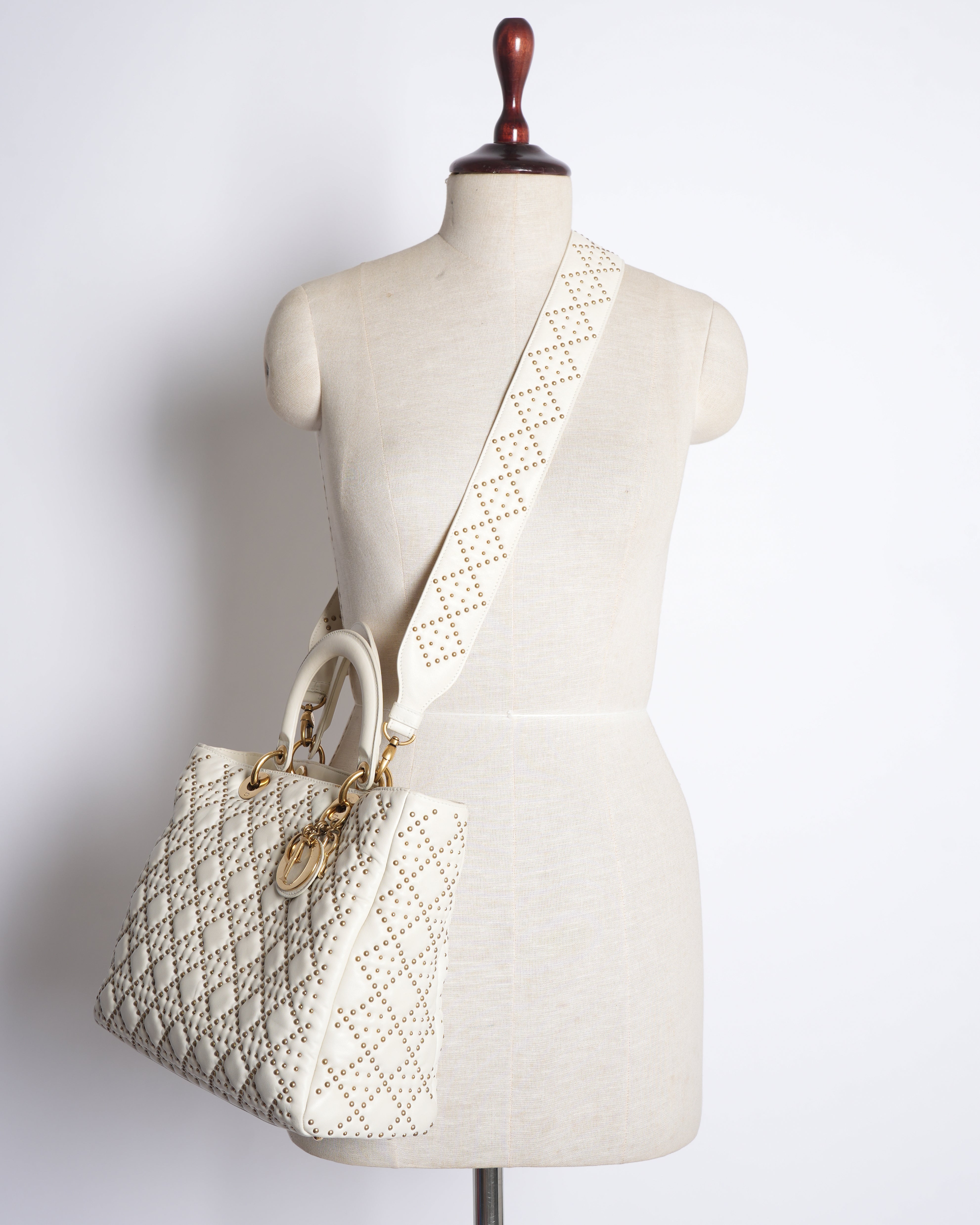 Dior White & Gold Medium Lambskin Studded Supple Lady Dior Tote