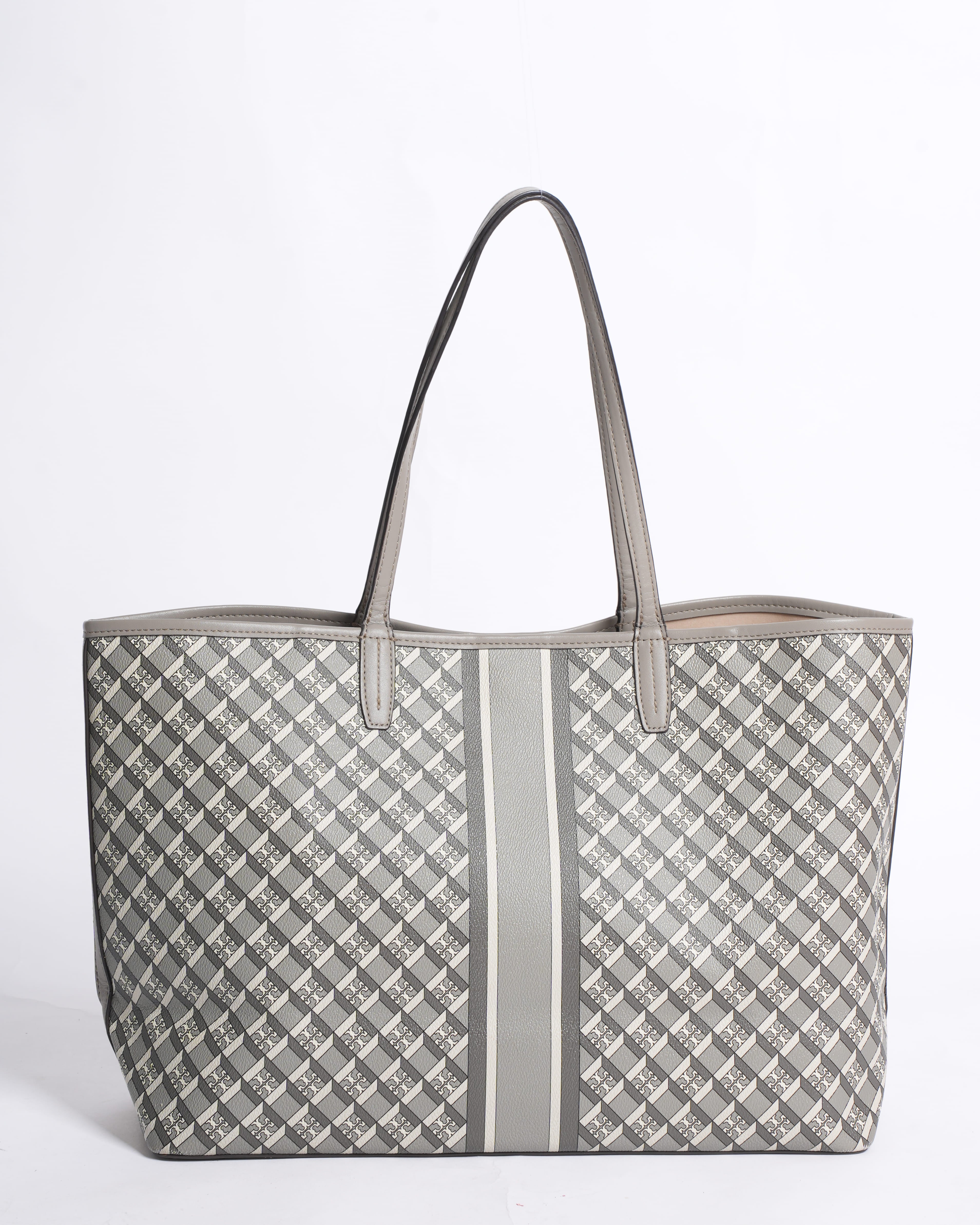 Tory Burch Geo Logo Stripe Tote Bag In Grey
