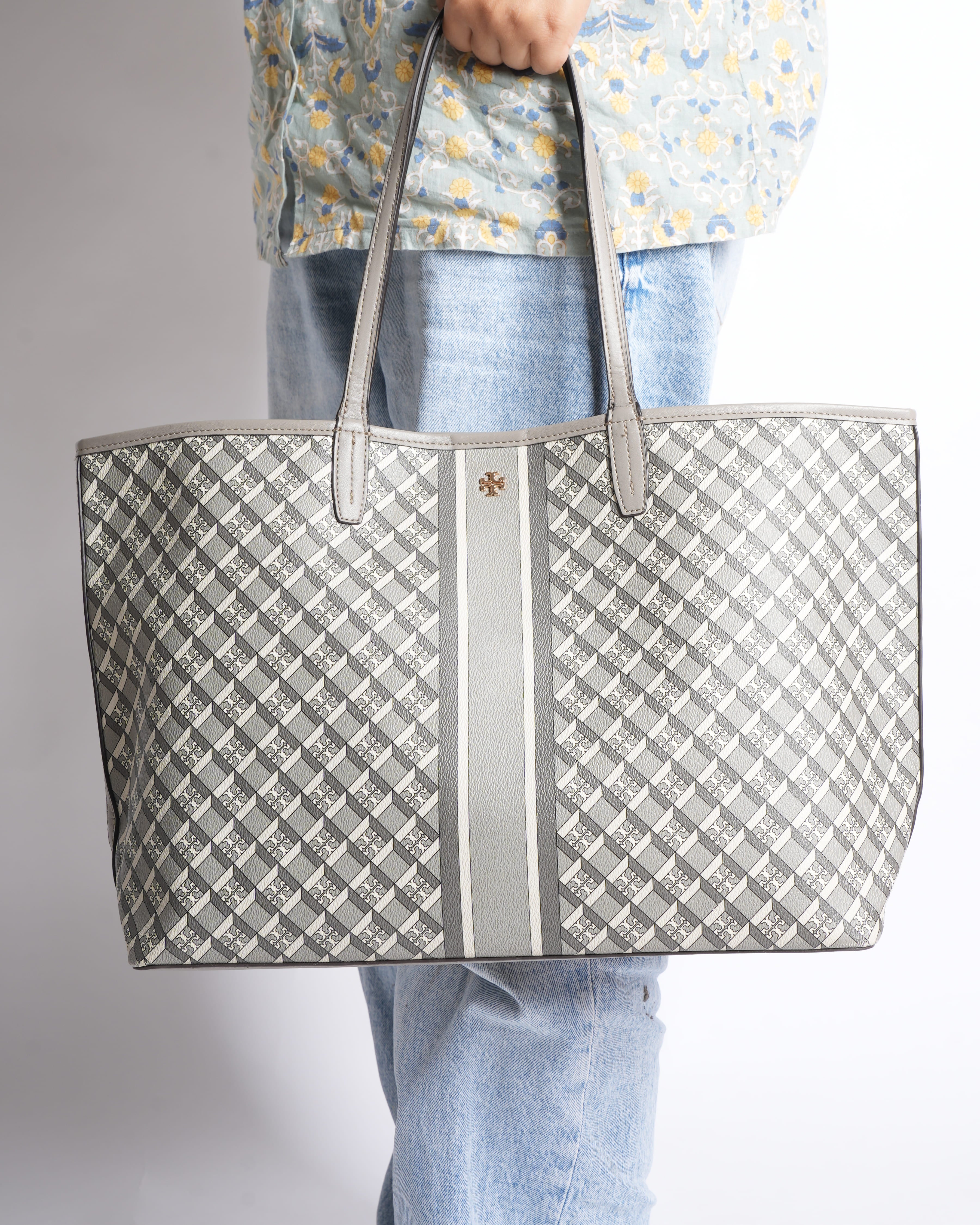 Tory Burch Geo Logo Stripe Tote Bag In Grey
