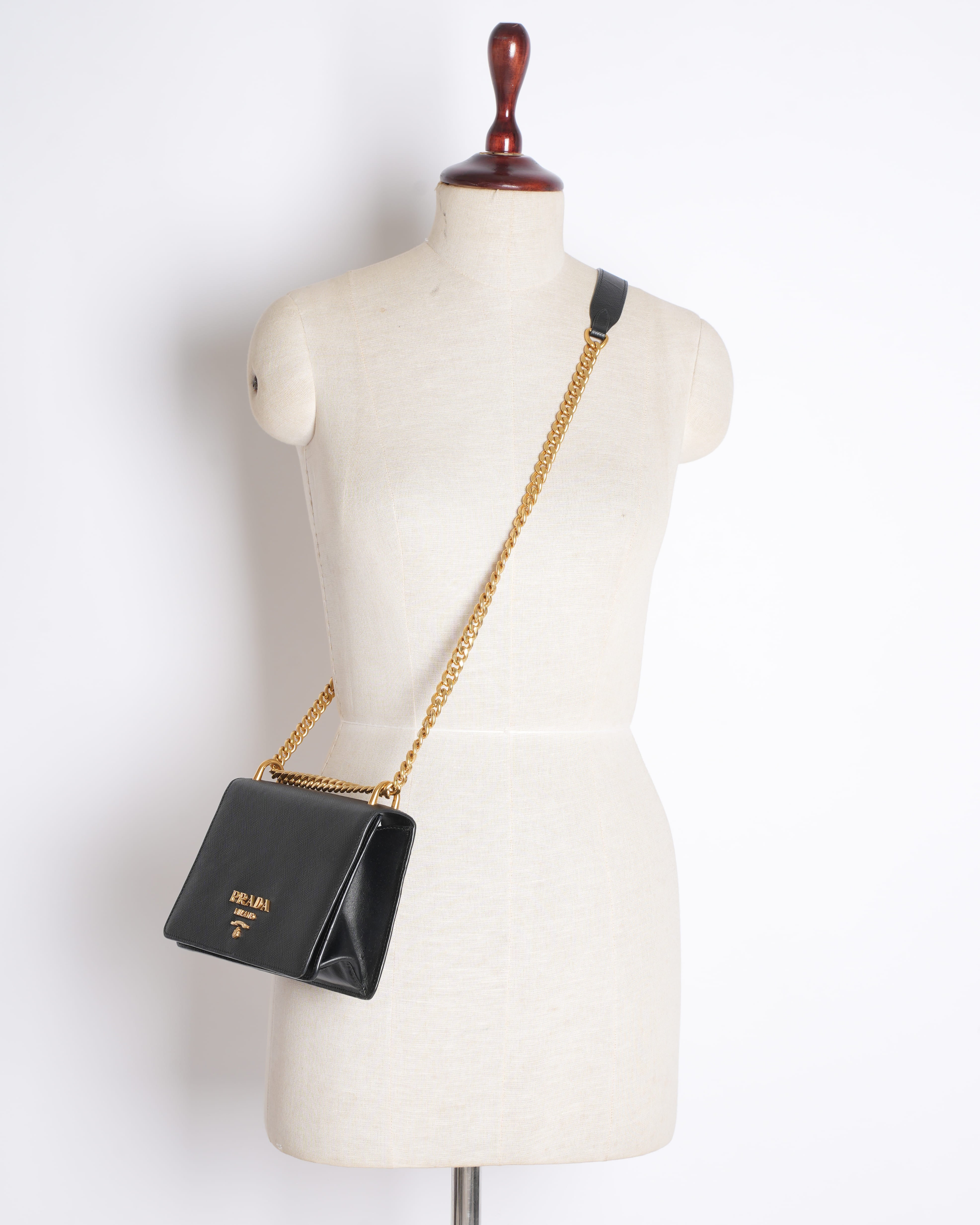 Prada Saffiano Leather Flap Chain Crossbody Bag in Black