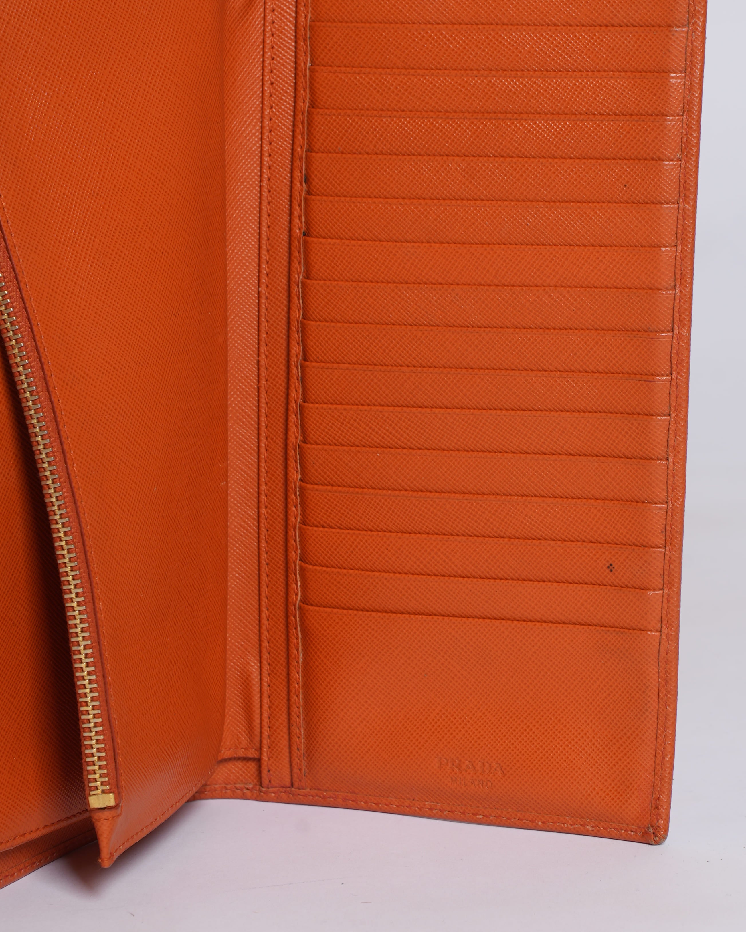 Prada orange saffiano leather wallet