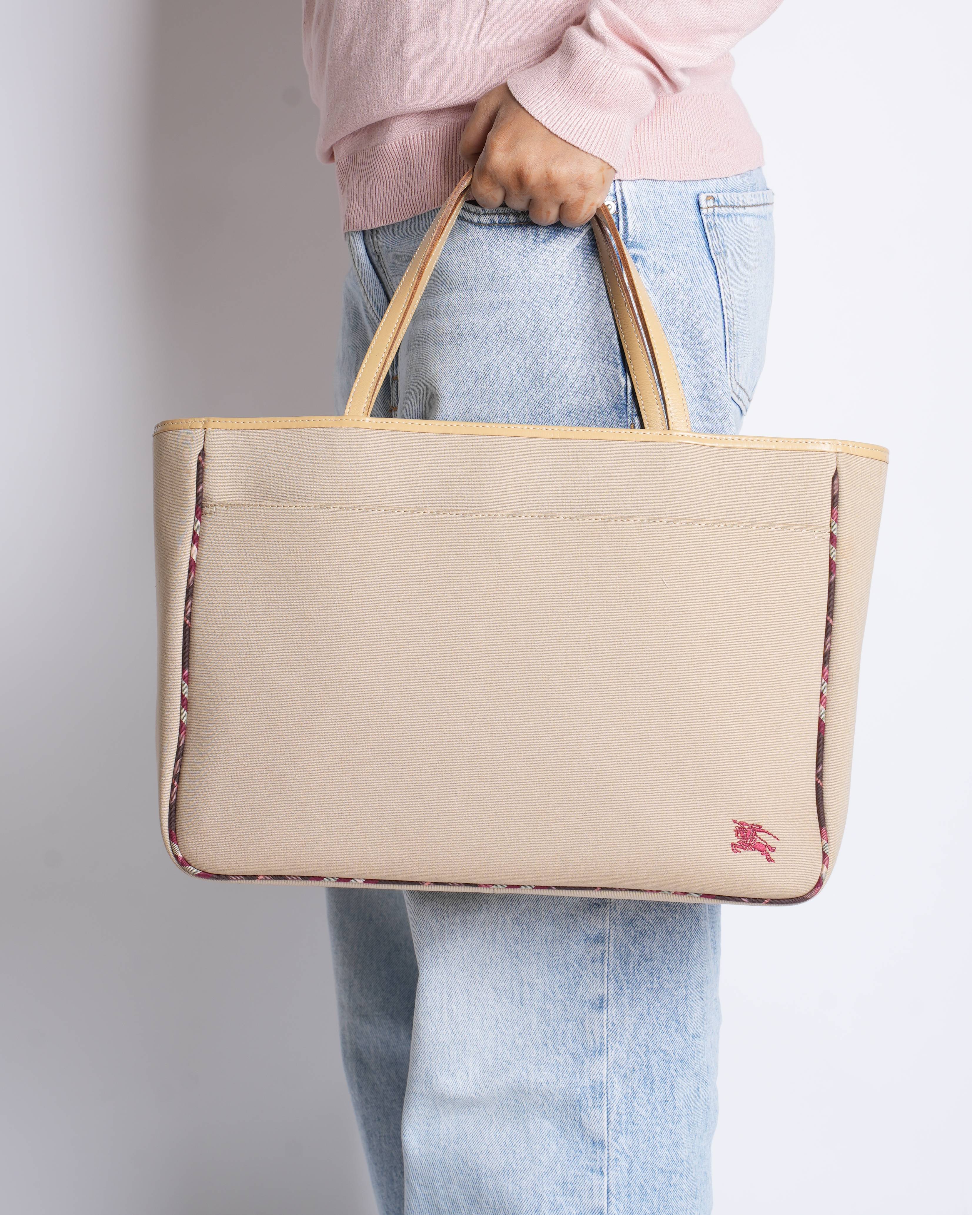 Burberry Label Beige Canvas Tote Bag